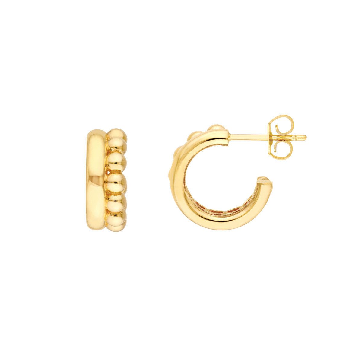 14K Yellow Gold Beaded and Polished Open Hoop Earrings