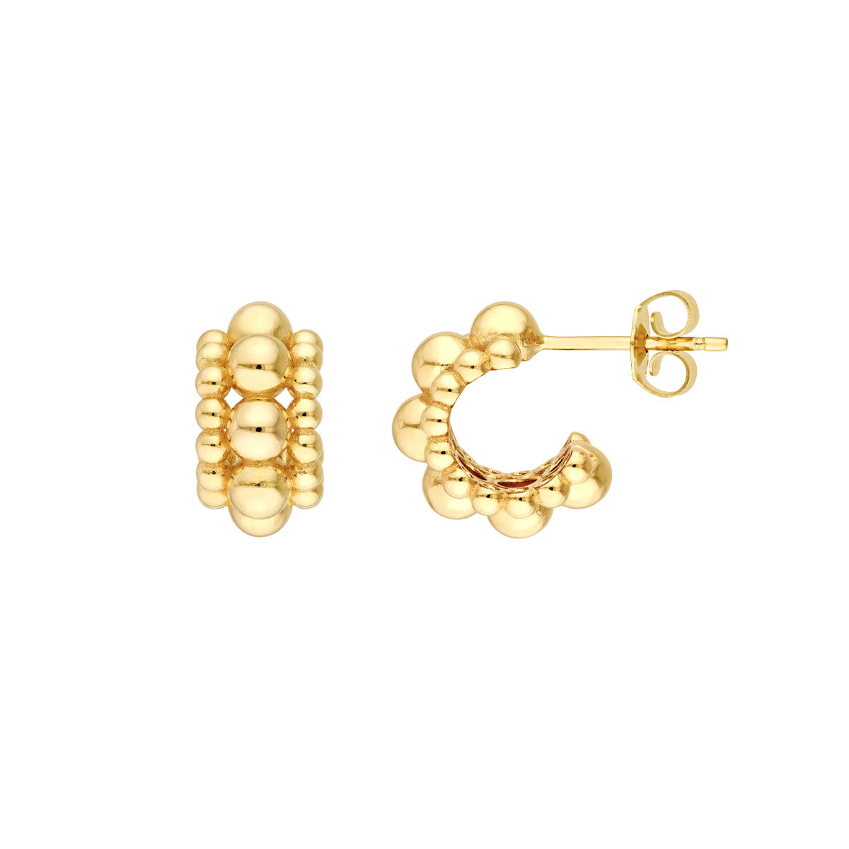 14K Yellow Gold Triple Row Beaded Open Hoop Earrings