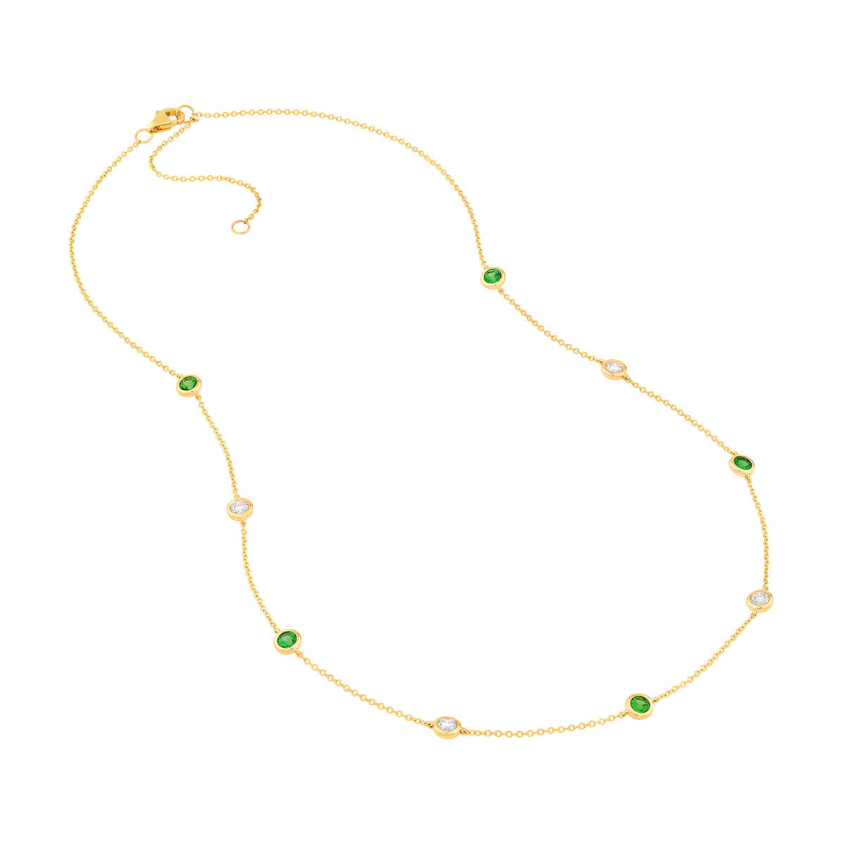 14K Yellow Gold 3/8tcw Diamond & Tsavorite Bezel Station Necklace