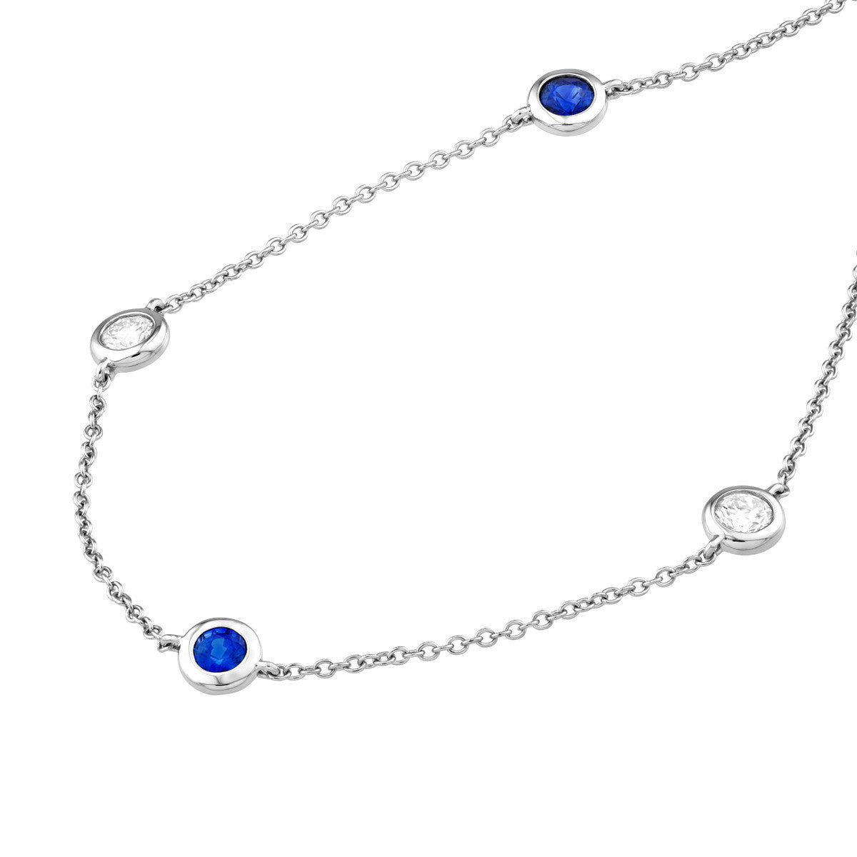 14K White Gold 3/8tcw Diamond & Sapphire Bezel Station Necklace