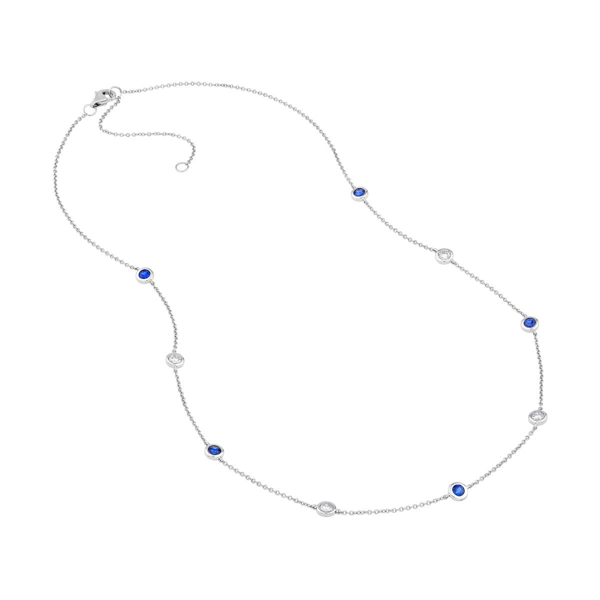 14K White Gold 3/8tcw Diamond & Sapphire Bezel Station Necklace