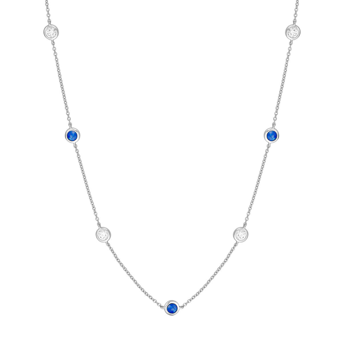 14K White Gold 3/8tcw Diamond & Sapphire Bezel Station Necklace