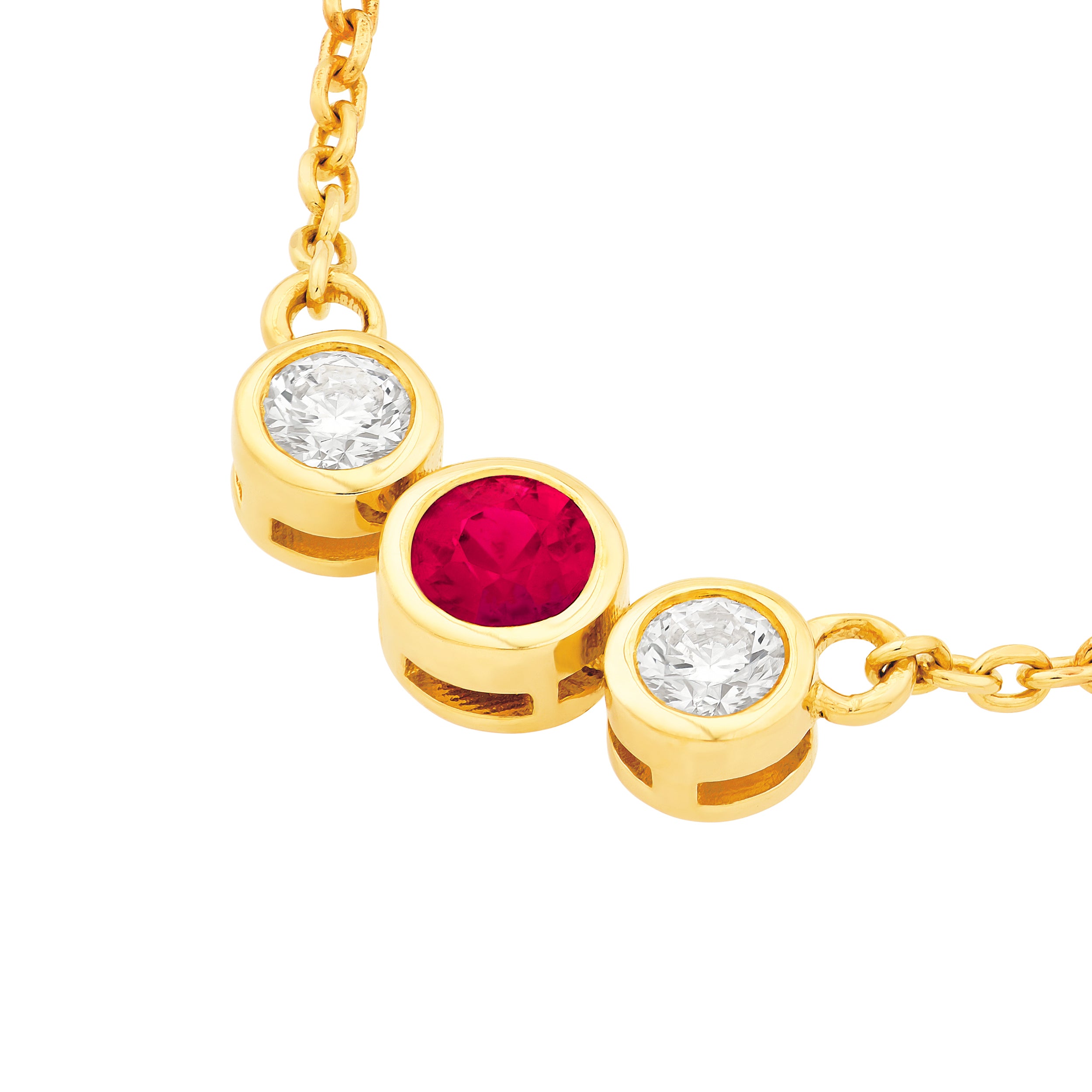 14K Yellow Gold 3.70mm Ruby & 1/5tcw Diamond Bezel Graduated Necklace