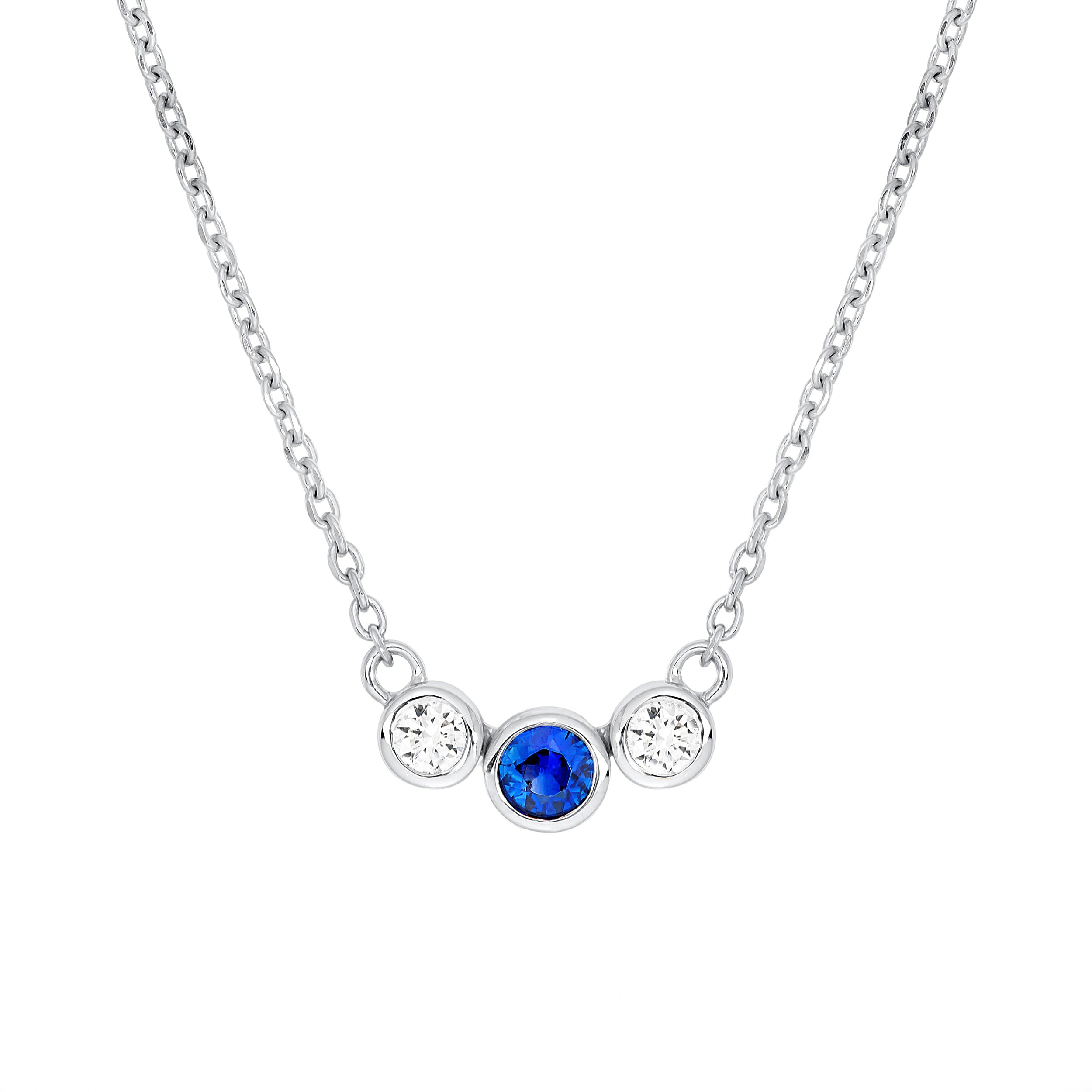 14K White Gold 3.70mm Blue Sapphire & 1/5tcw Diamond Bezel Necklace