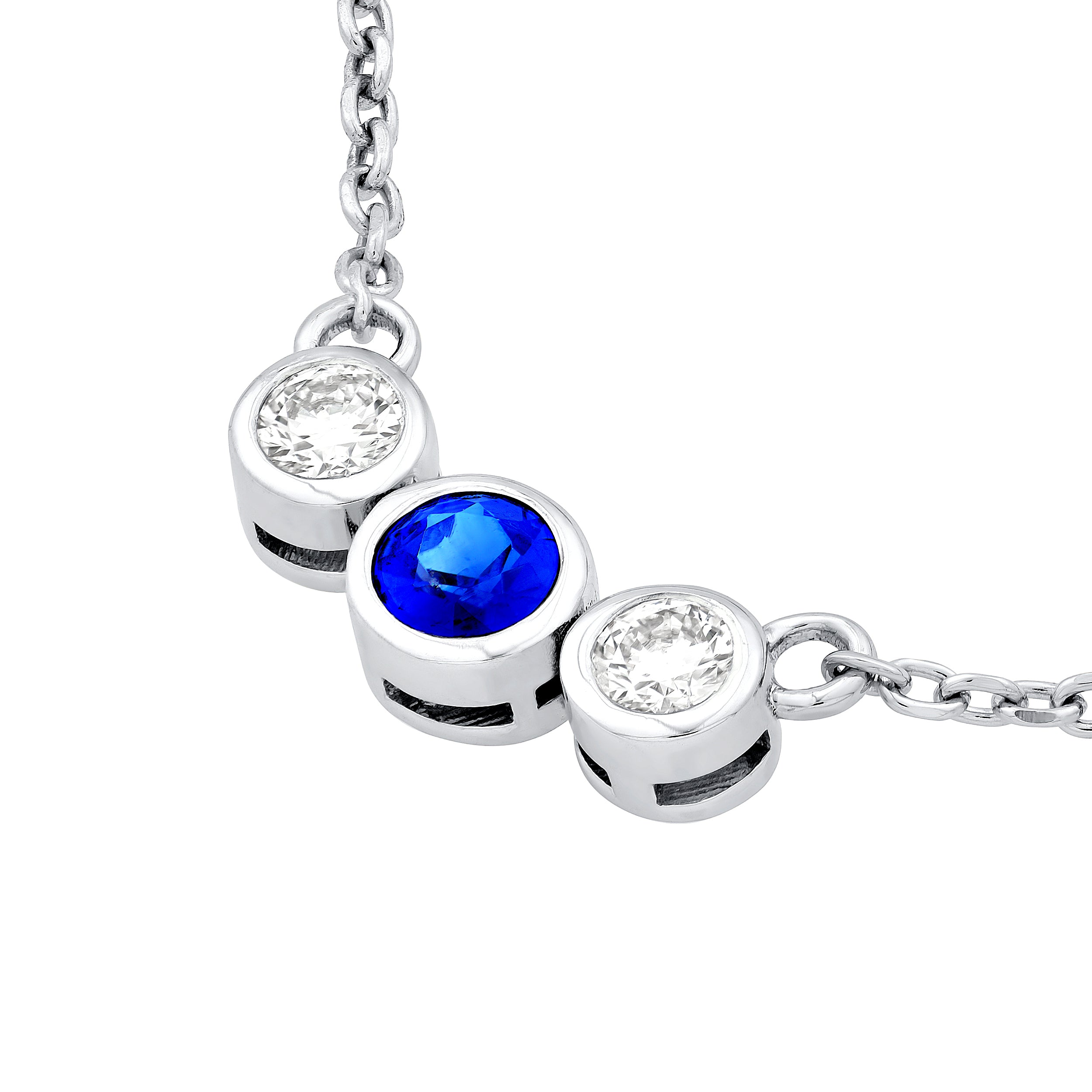 14K White Gold 3.70mm Blue Sapphire & 1/5tcw Diamond Bezel Necklace