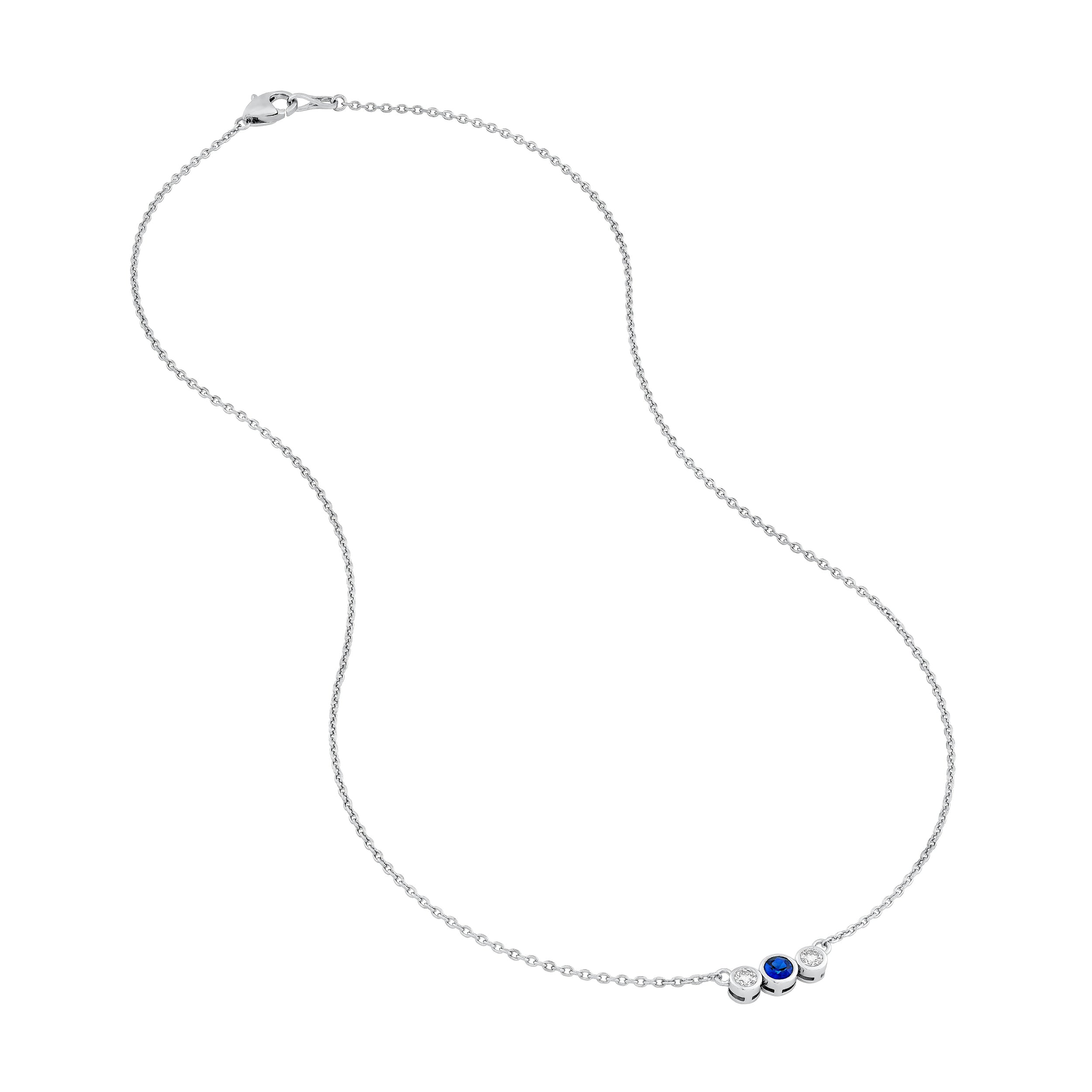 14K White Gold 3.70mm Blue Sapphire & 1/5tcw Diamond Bezel Necklace