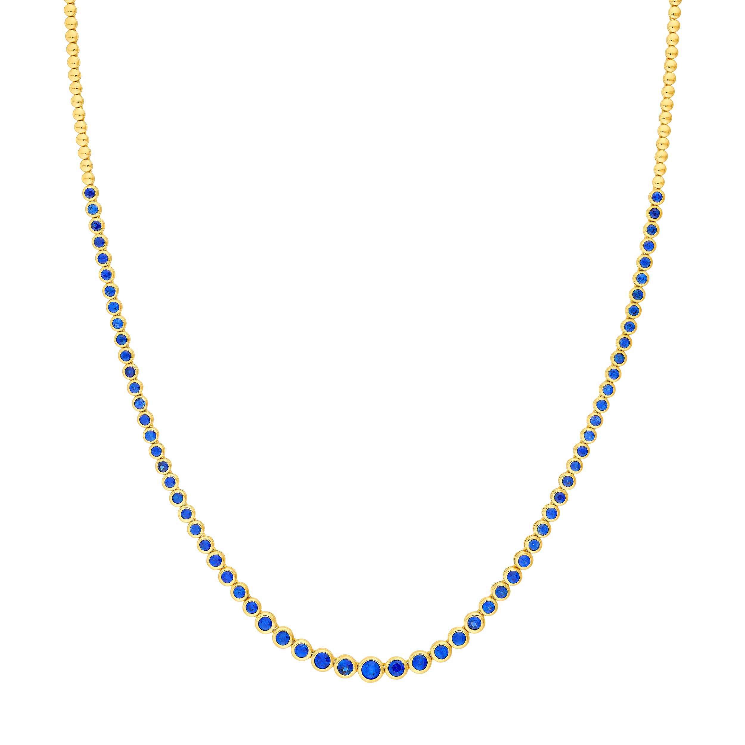 14K Yellow Gold 4-1/6tcw Blue Sapphire Bezel Graduated Half Tennis Necklace