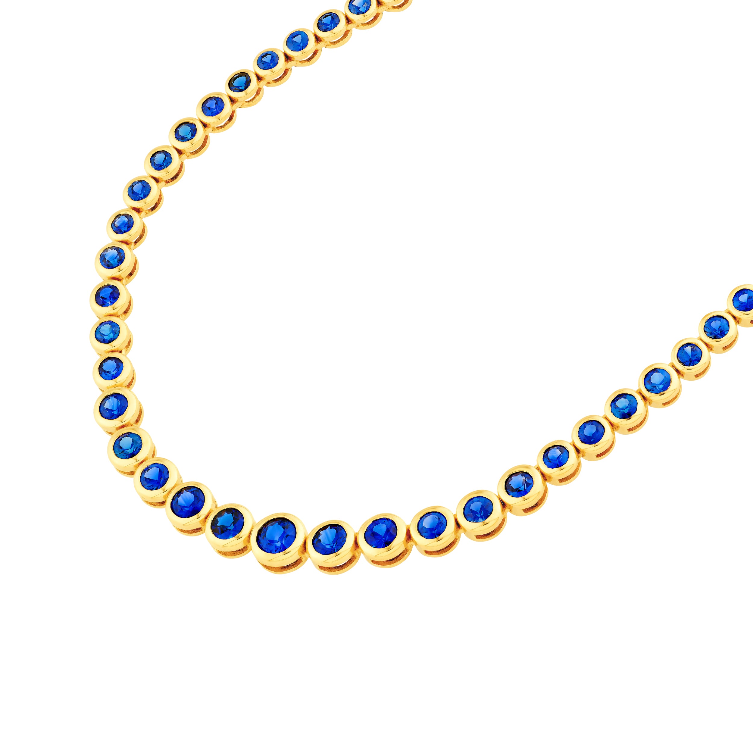 14K Yellow Gold 4-1/6tcw Blue Sapphire Bezel Graduated Half Tennis Necklace