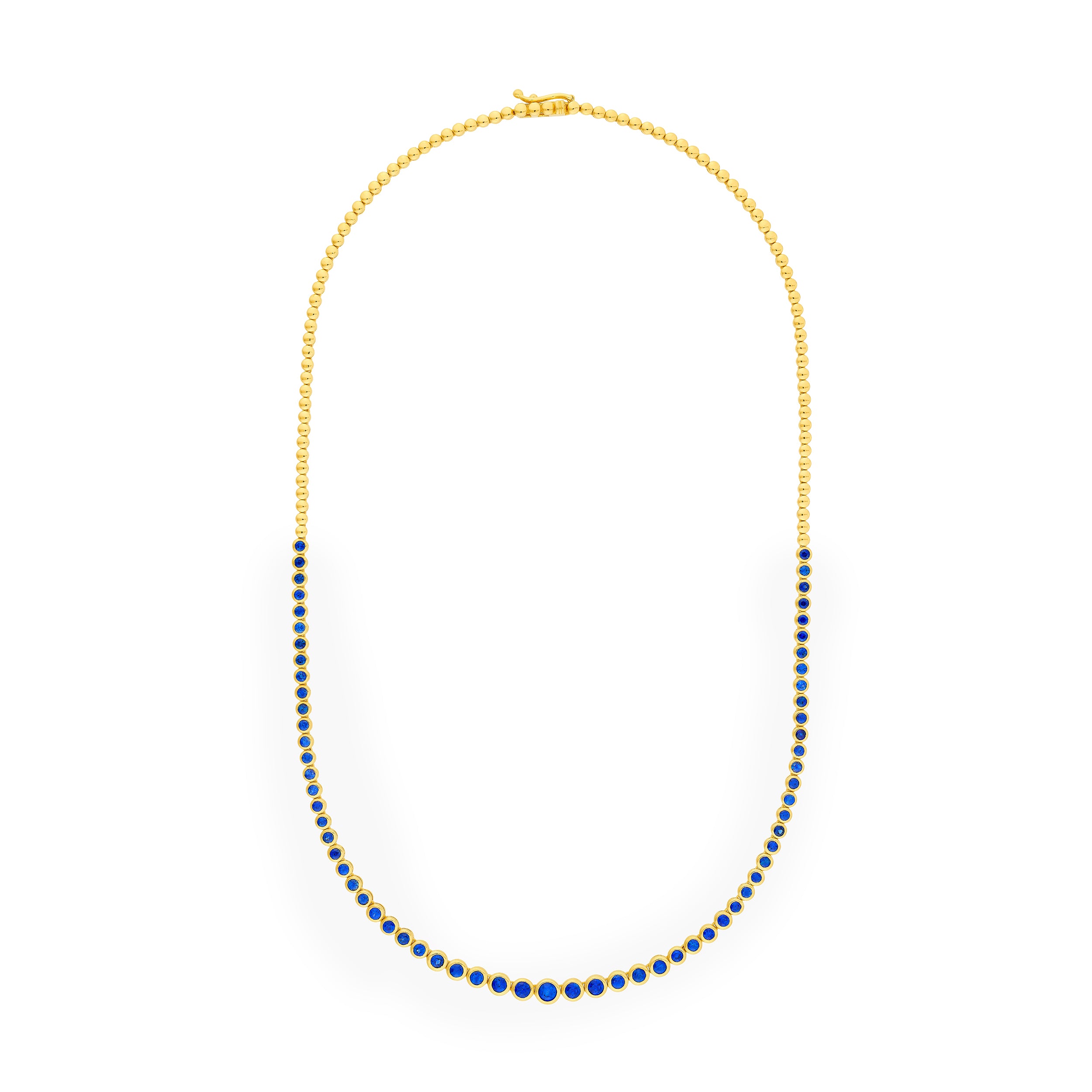 14K Yellow Gold 4-1/6tcw Blue Sapphire Bezel Graduated Half Tennis Necklace
