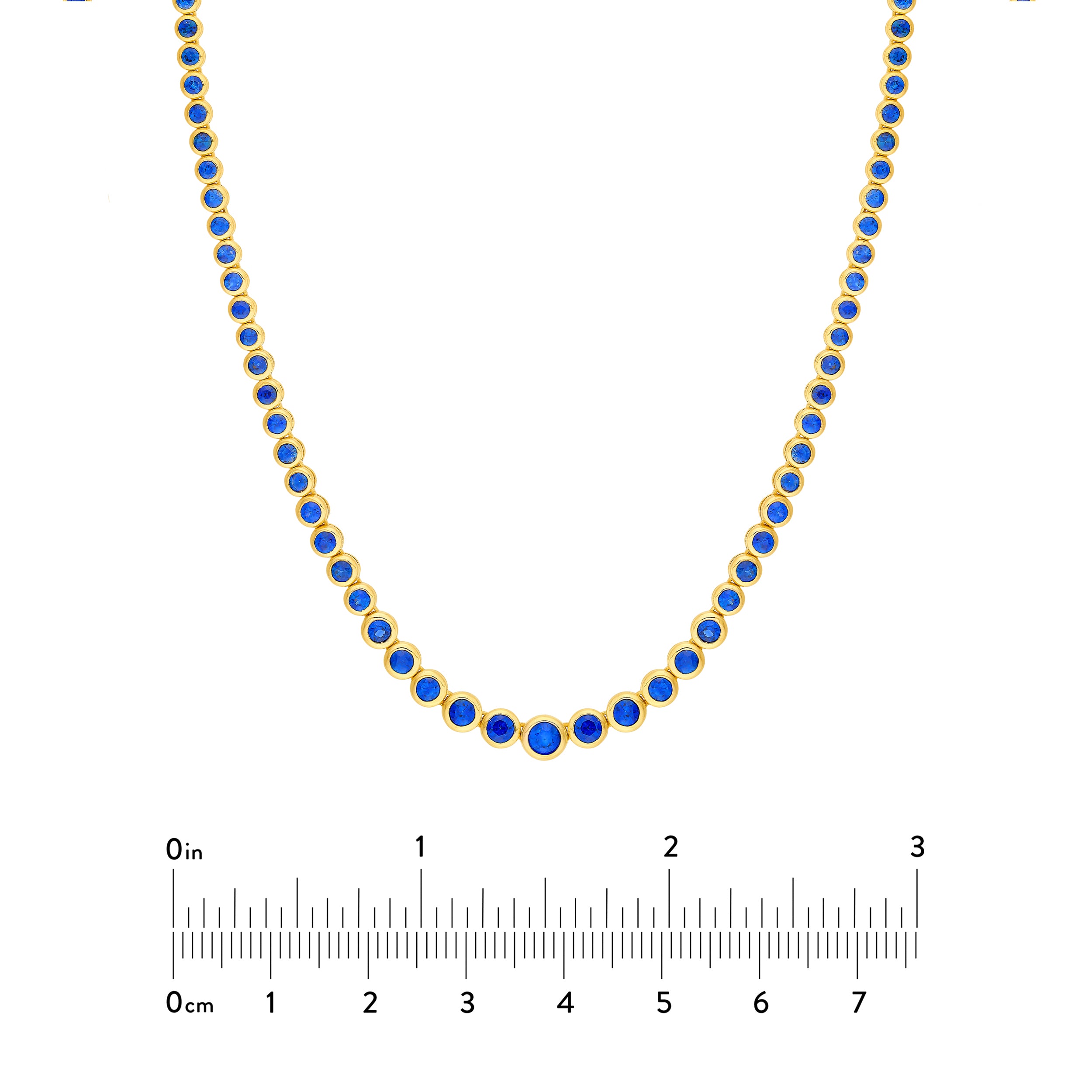 14K Yellow Gold 4-1/6tcw Blue Sapphire Bezel Graduated Half Tennis Necklace