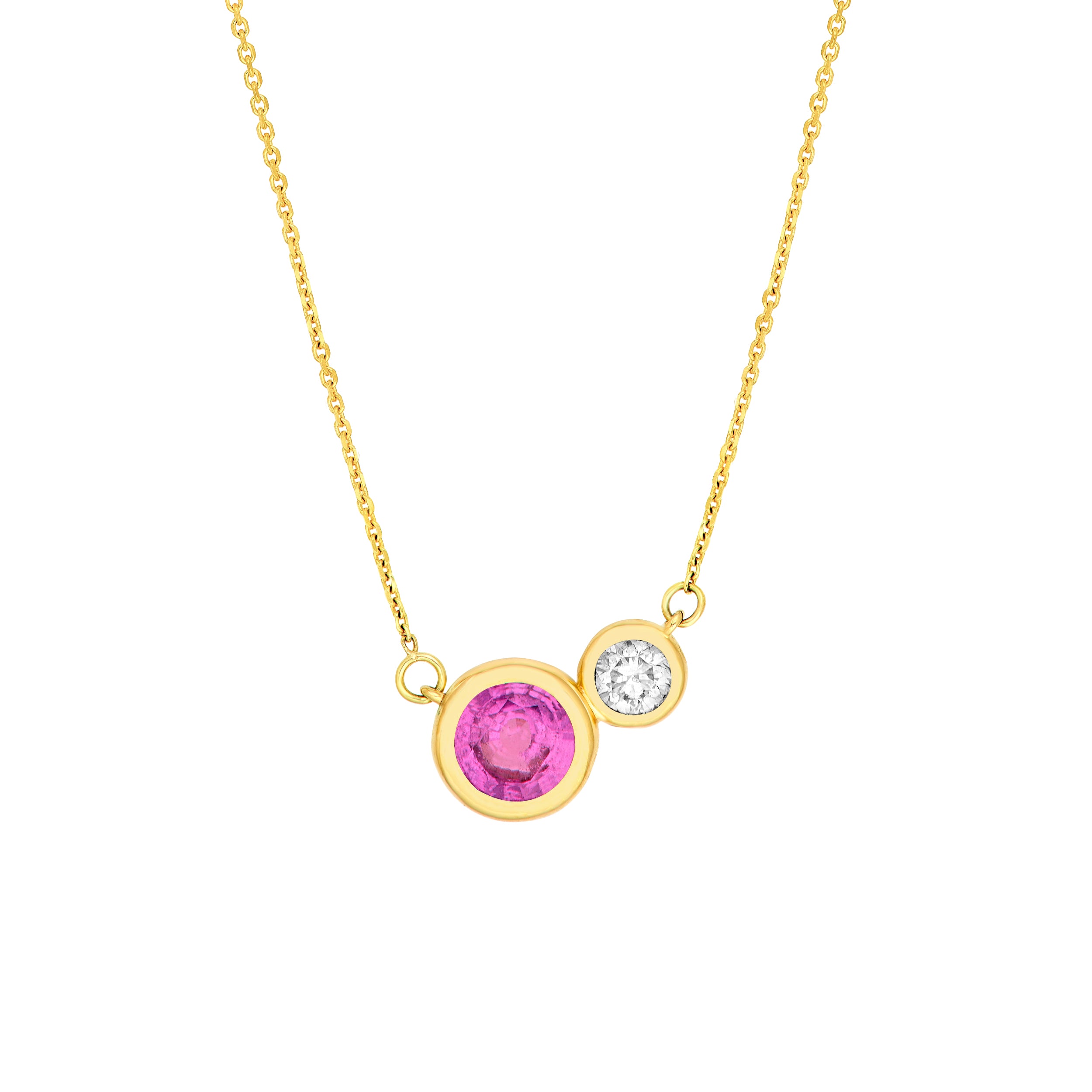14K Yellow Gold 1-1/3tcw Toi et Moi Pink Sapphire & Diamond Bezel Necklace Birmingham Jewelry Necklace Birmingham Jewelry 