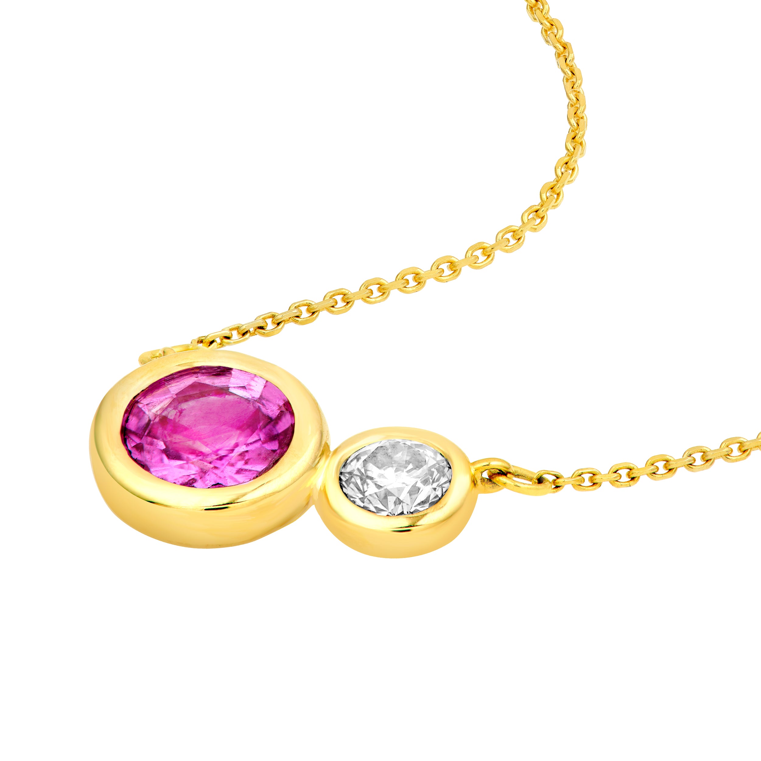 14K Yellow Gold 1-1/3tcw Toi et Moi Pink Sapphire & Diamond Bezel Necklace Birmingham Jewelry Necklace Birmingham Jewelry 