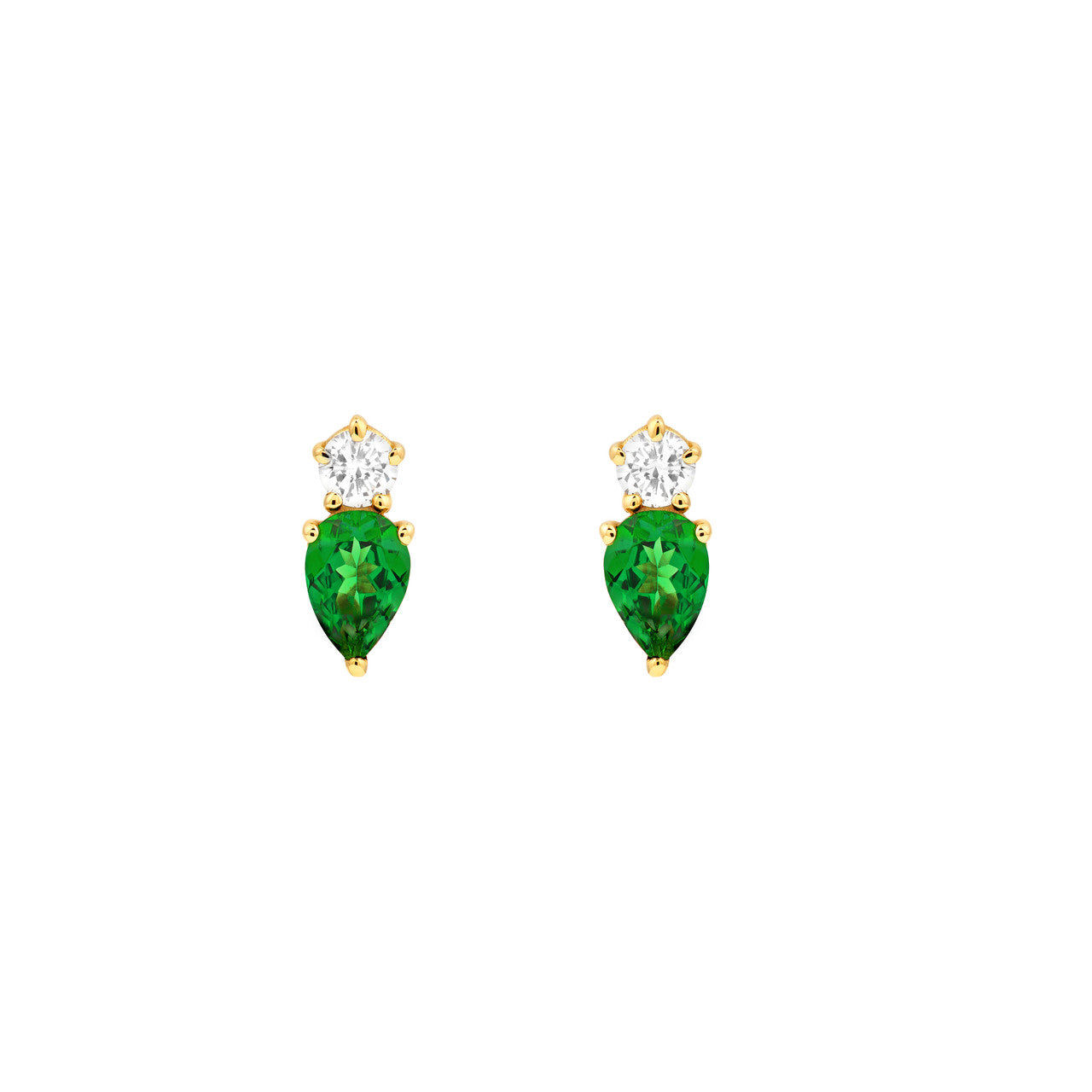 14K Yellow Gold Pear Shape Tsavorite & Round Diamond Stud Earrings