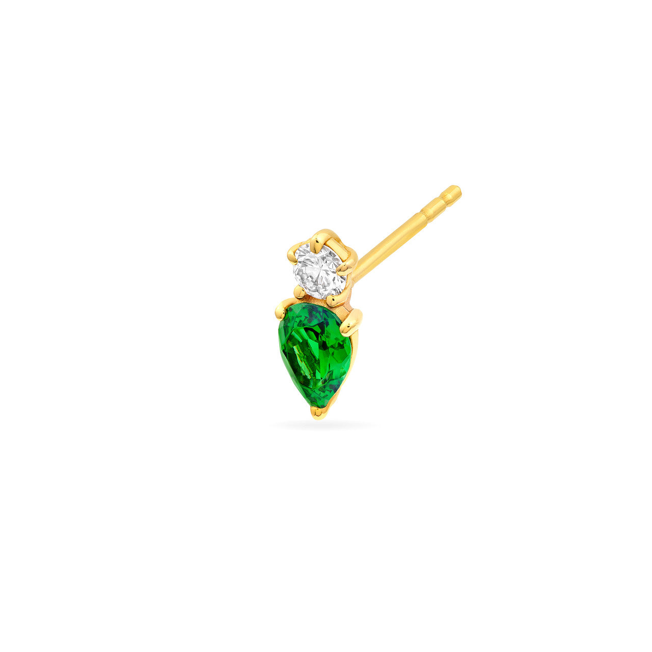 14K Yellow Gold Pear Shape Tsavorite & Round Diamond Stud Earrings