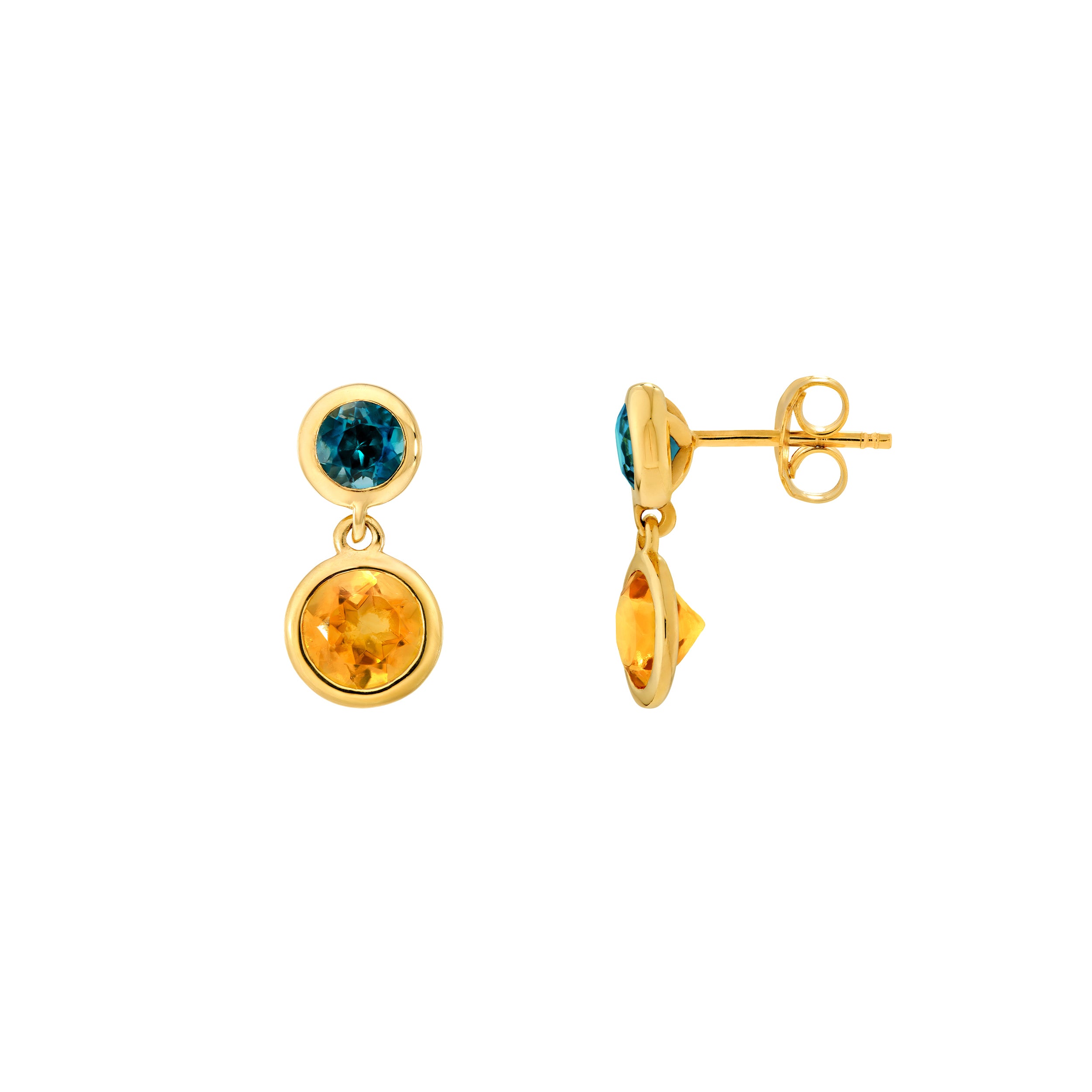 14K Yellow Gold Sky Citrine & Blue Topaz Bezel Drop Earrings