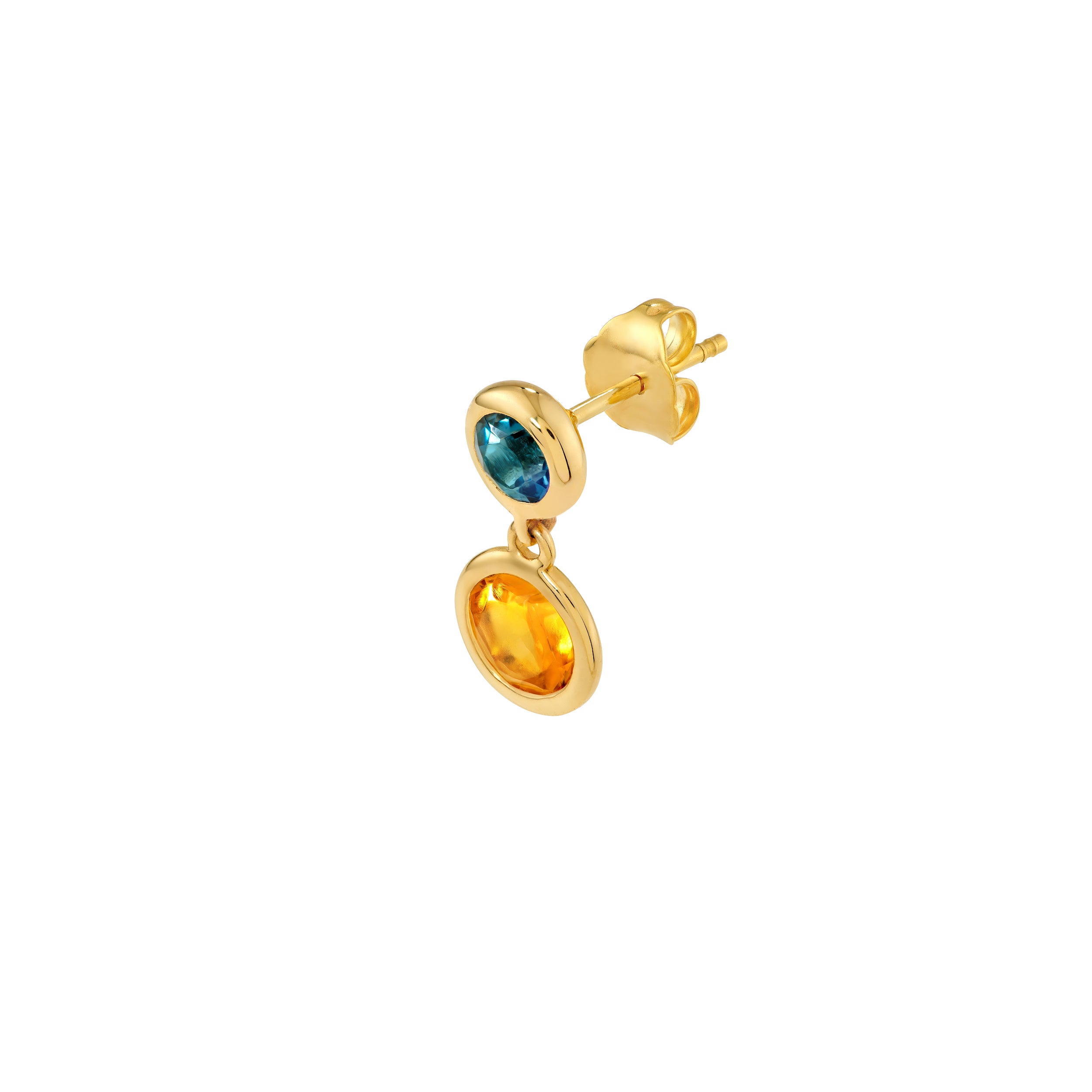 14K Yellow Gold Sky Citrine & Blue Topaz Bezel Drop Earrings