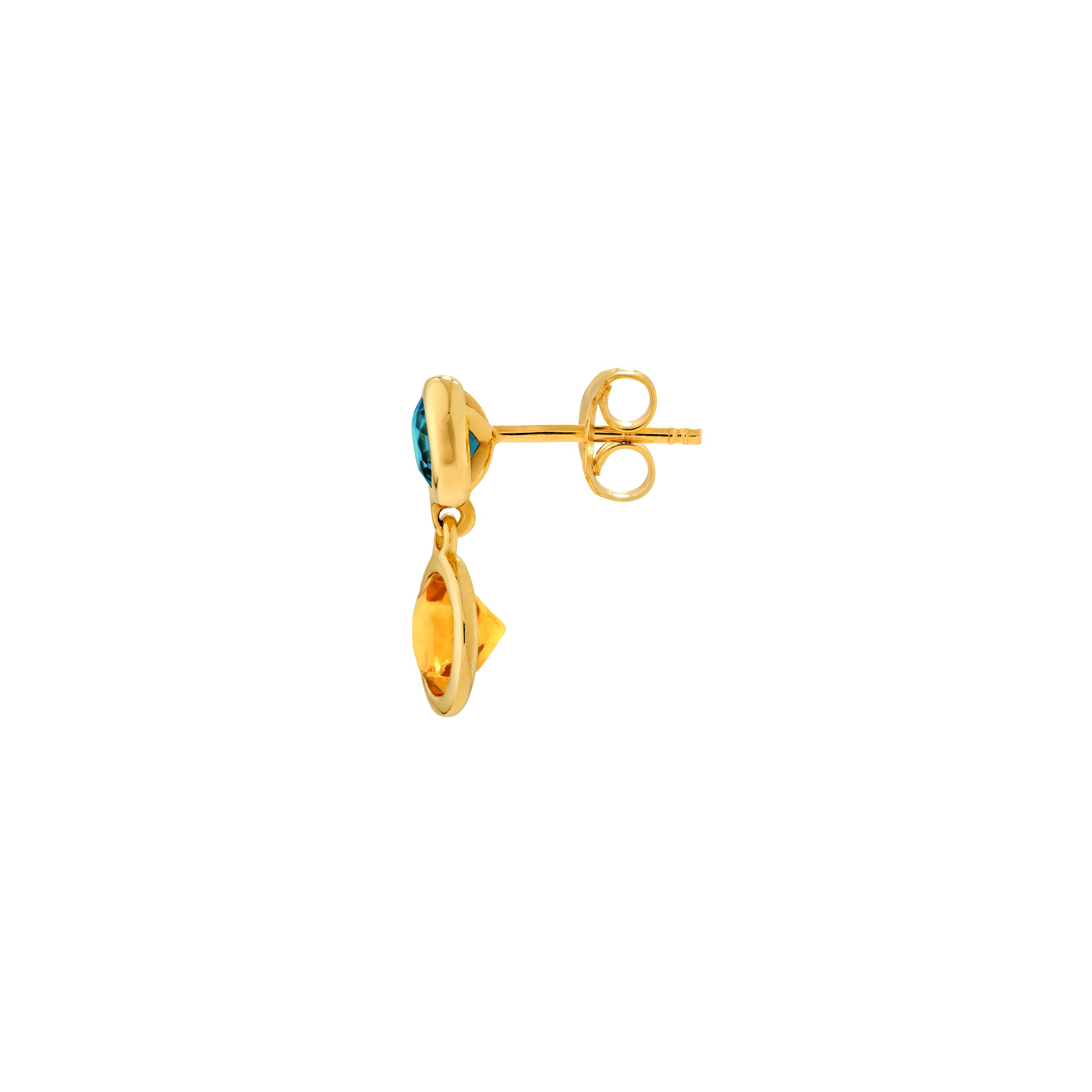 14K Yellow Gold Sky Citrine & Blue Topaz Bezel Drop Earrings