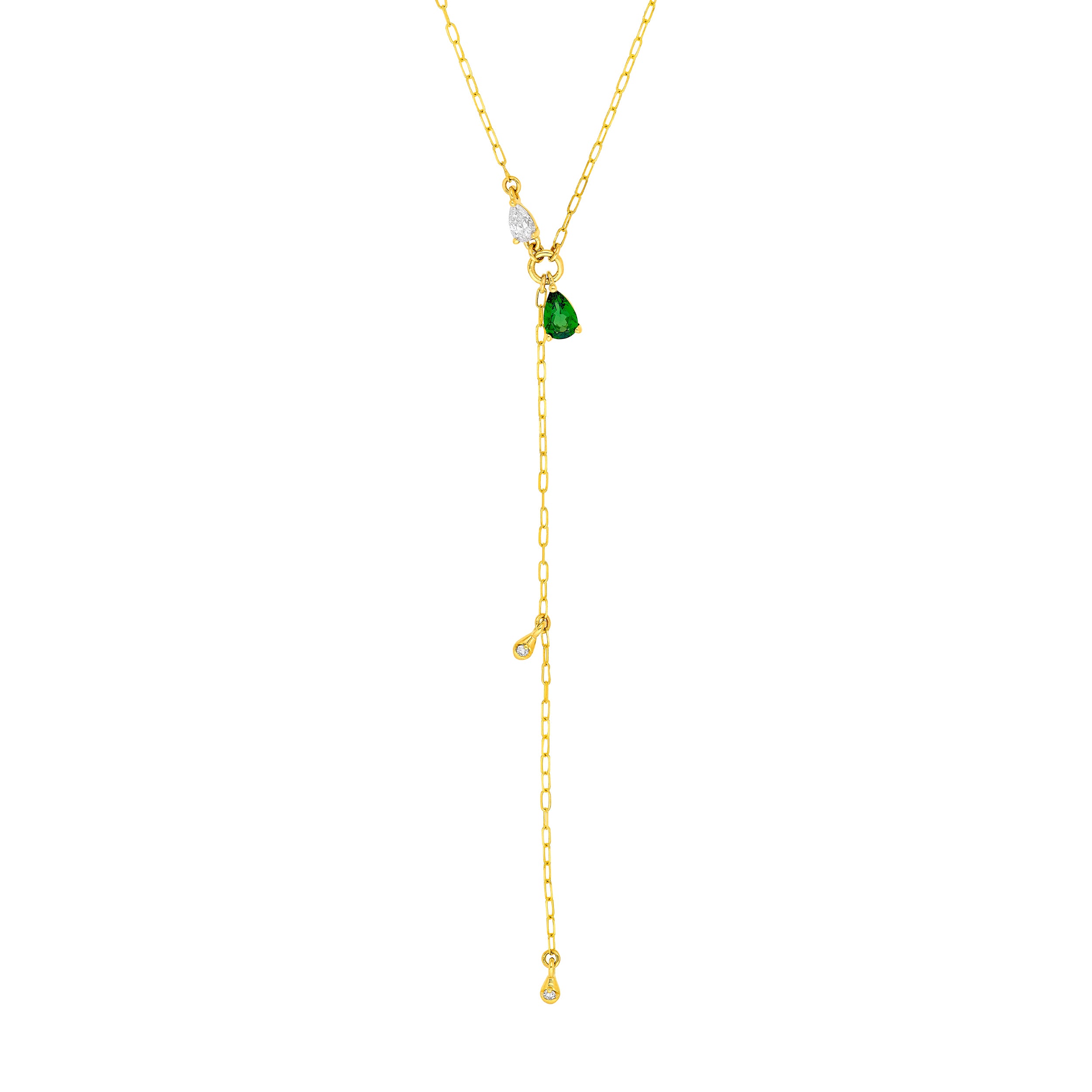 14K Yellow Gold Floating Diamond & Tsavorite Lariat Necklace