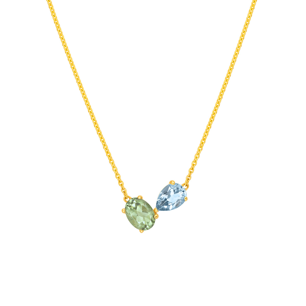 14K Yellow Gold Toi et Moi Necklace (Green Amethyst & Sky Blue) Birmingham Jewelry Necklace Birmingham Jewelry 