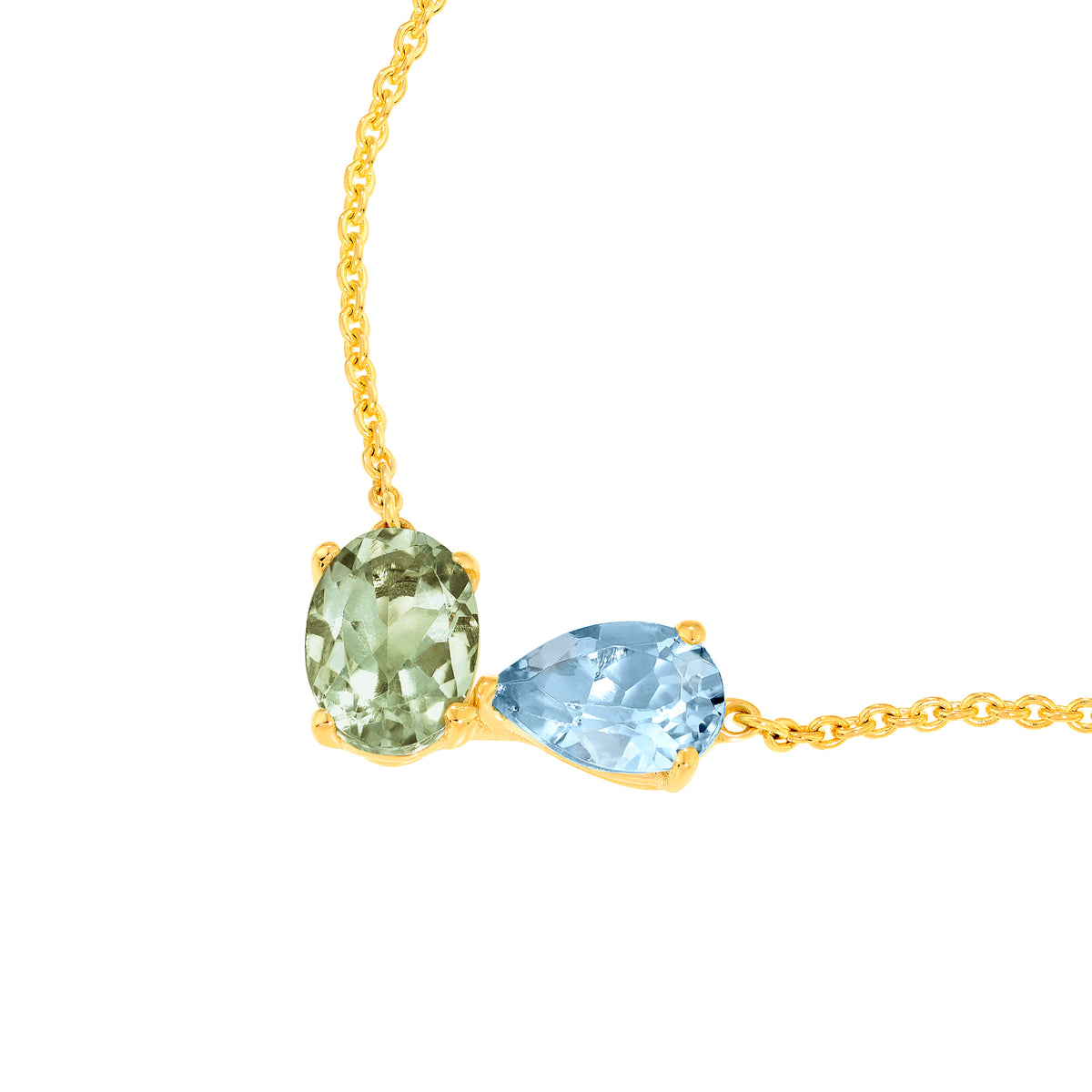 14K Yellow Gold Toi et Moi Necklace (Green Amethyst & Sky Blue) Birmingham Jewelry Necklace Birmingham Jewelry 