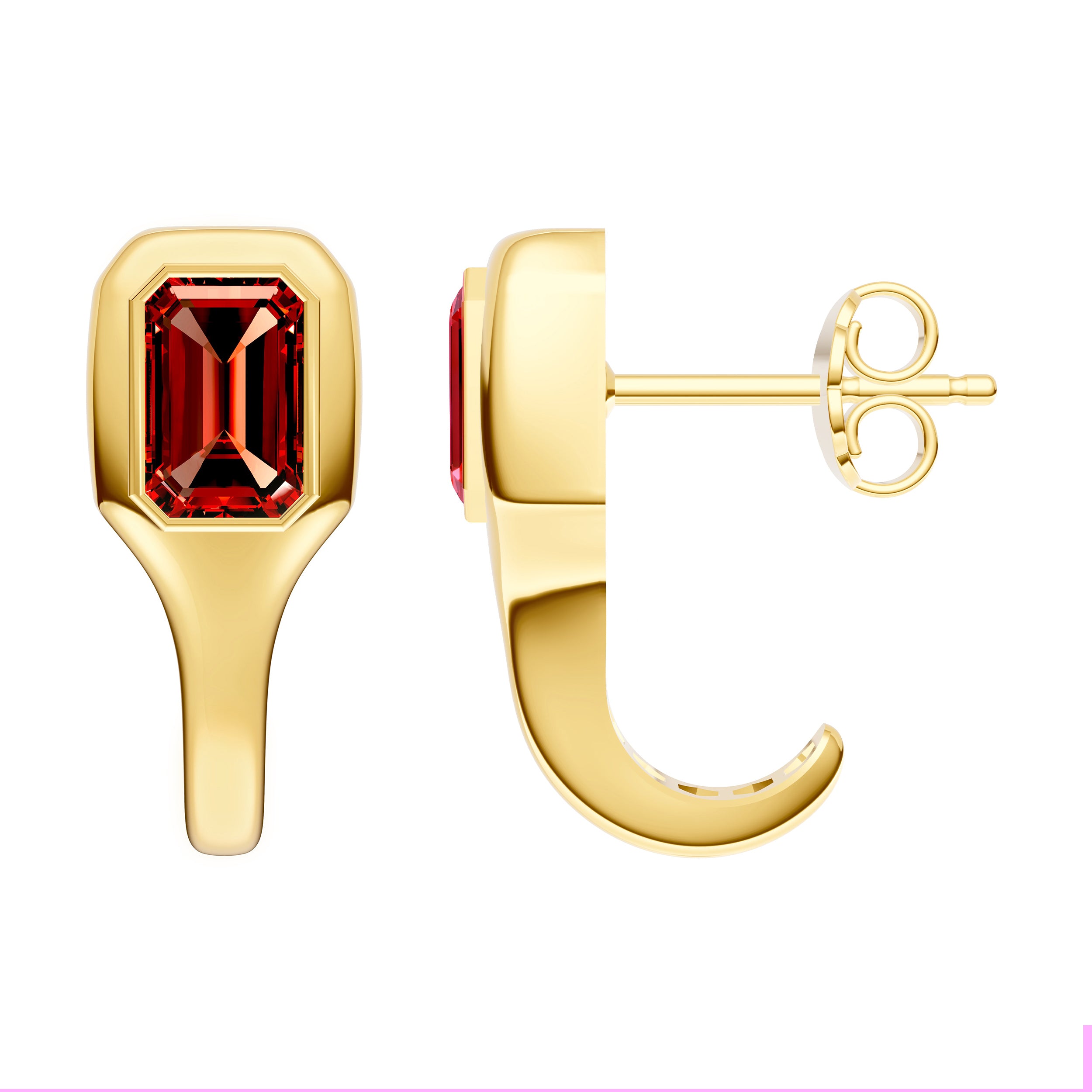 14K Yellow Gold Emerald Red Garnet Bezel Stud Earrings