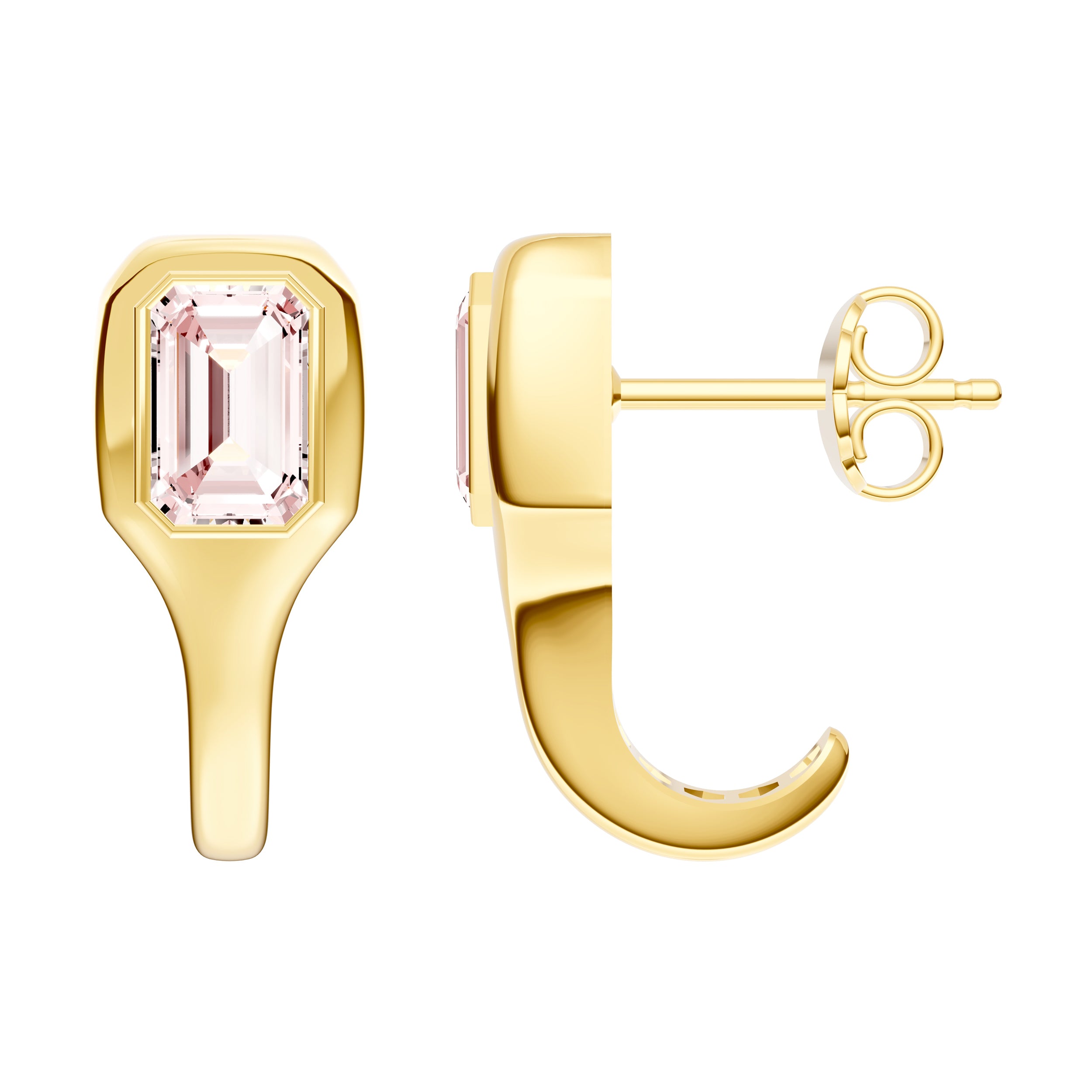 14K Yellow Gold Emerald Pink Morganite Bezel Stud Earrings