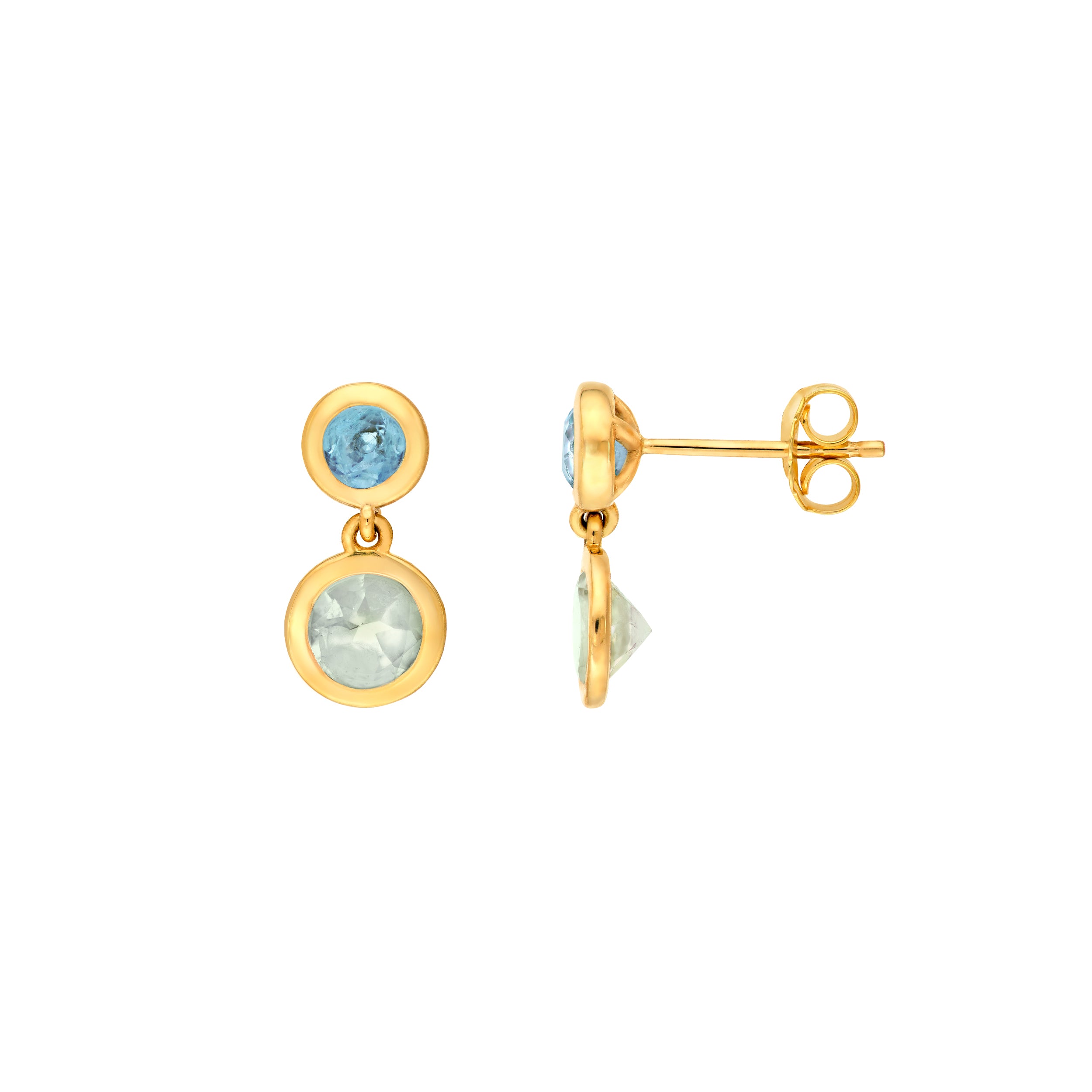 14K Yellow Gold Sky Blue & Blue Green Amethyst Bezel Drop Earrings