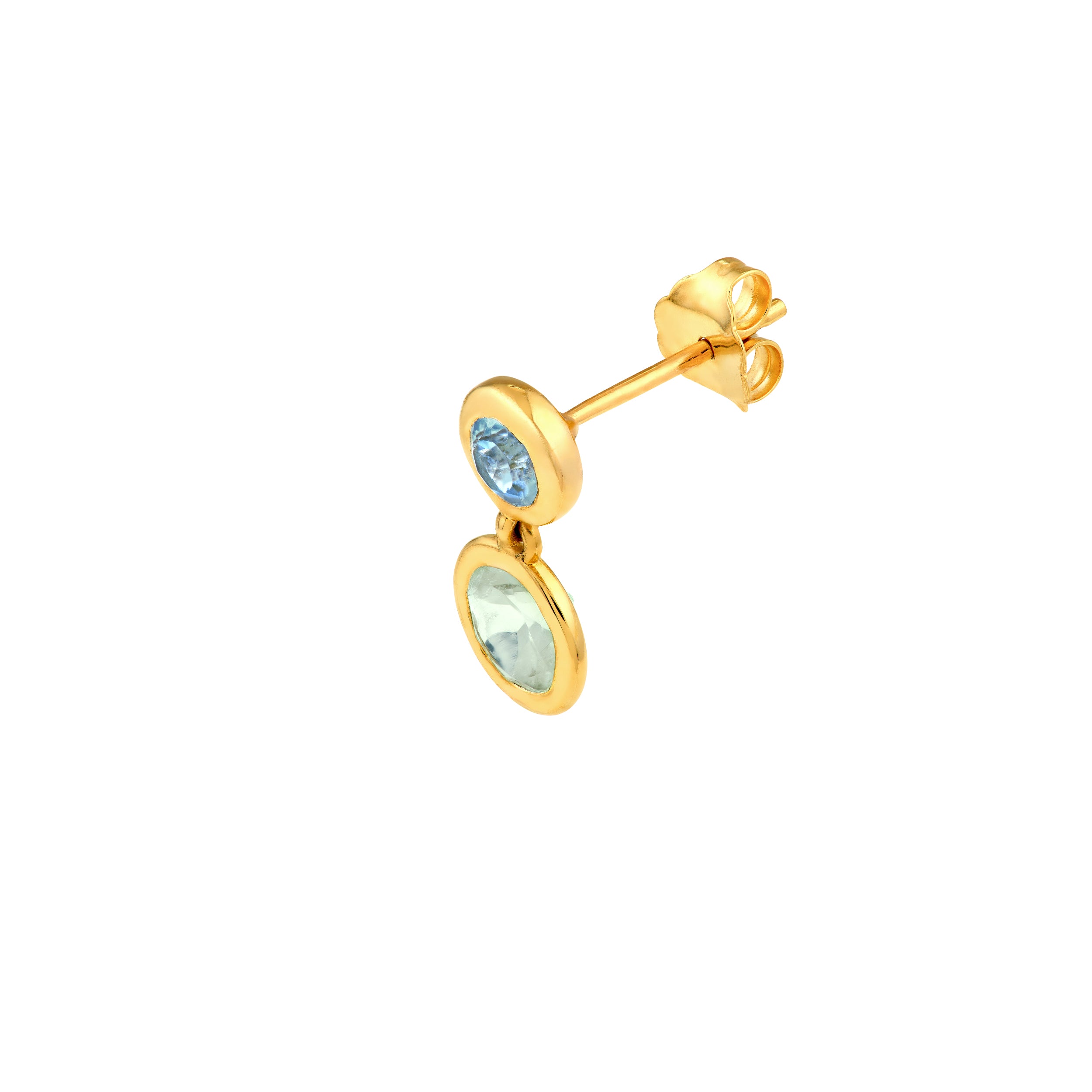 14K Yellow Gold Sky Blue & Blue Green Amethyst Bezel Drop Earrings