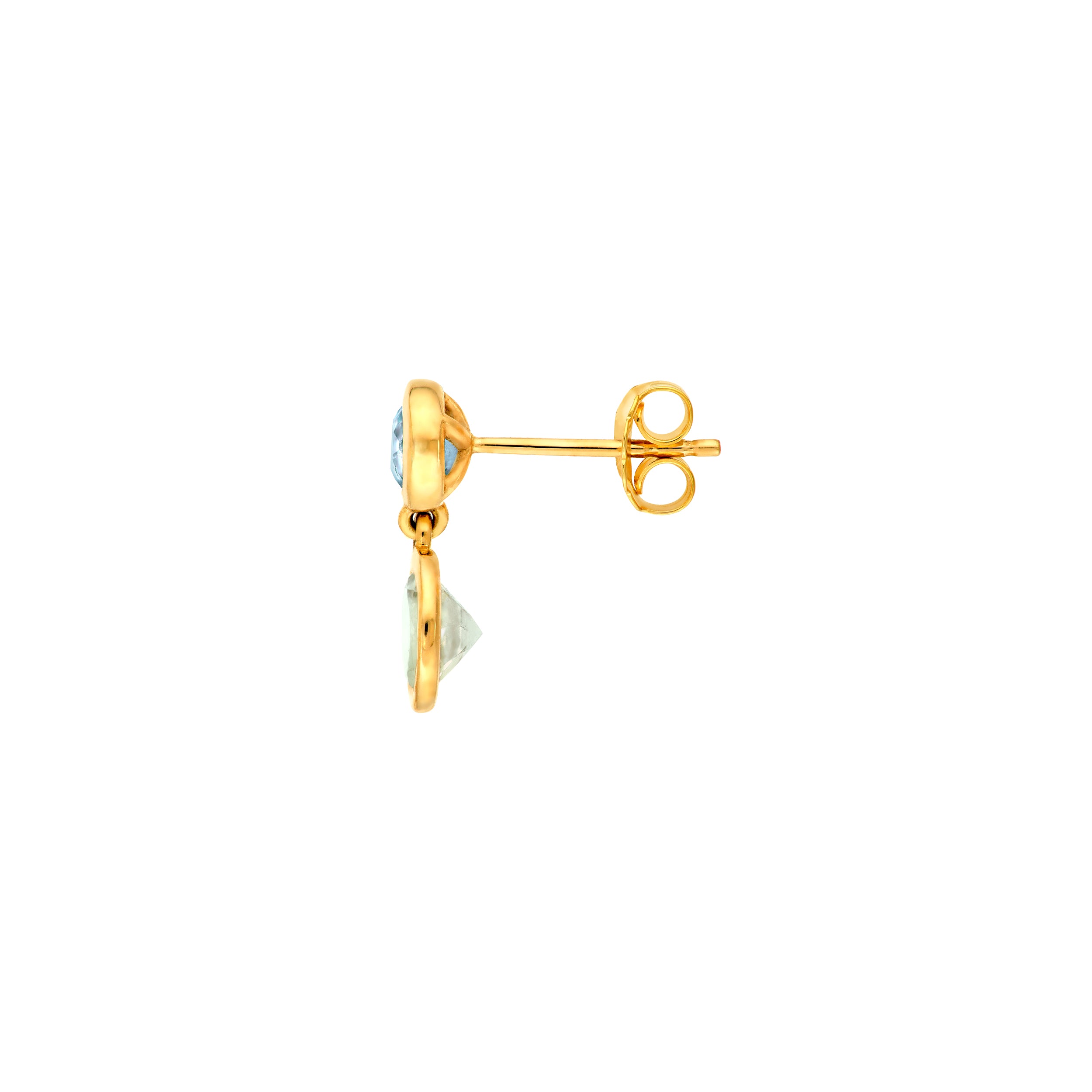 14K Yellow Gold Sky Blue & Blue Green Amethyst Bezel Drop Earrings