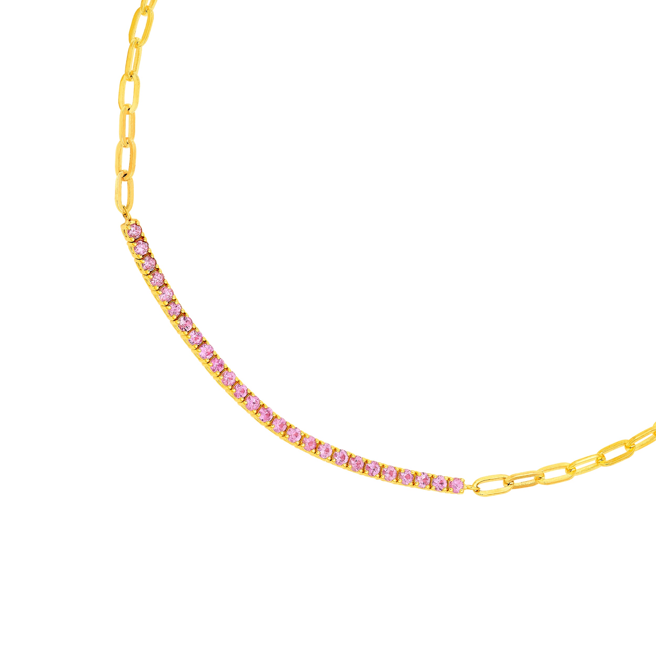 14K Yellow Gold 1.00ct Sapphire Pink Half Paper Clip Half Tennis Necklace Birmingham Jewelry Necklace Birmingham Jewelry 