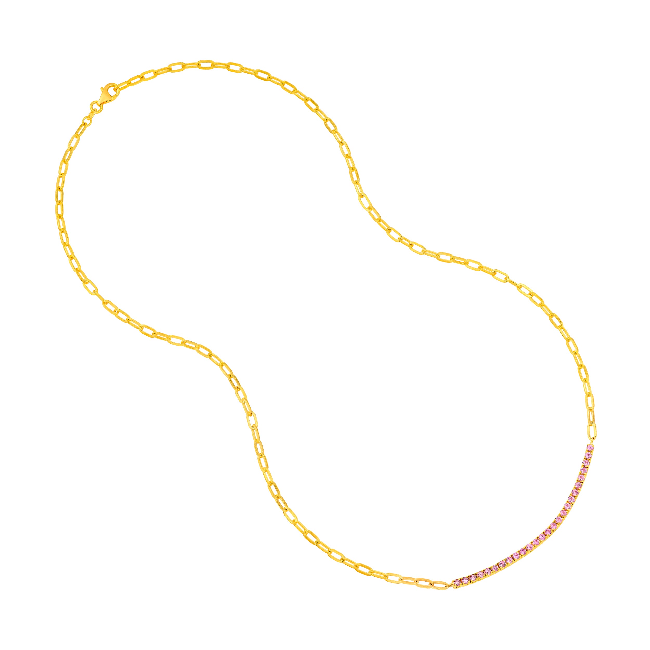 14K Yellow Gold 1.00ct Sapphire Pink Half Paper Clip Half Tennis Necklace Birmingham Jewelry Necklace Birmingham Jewelry 
