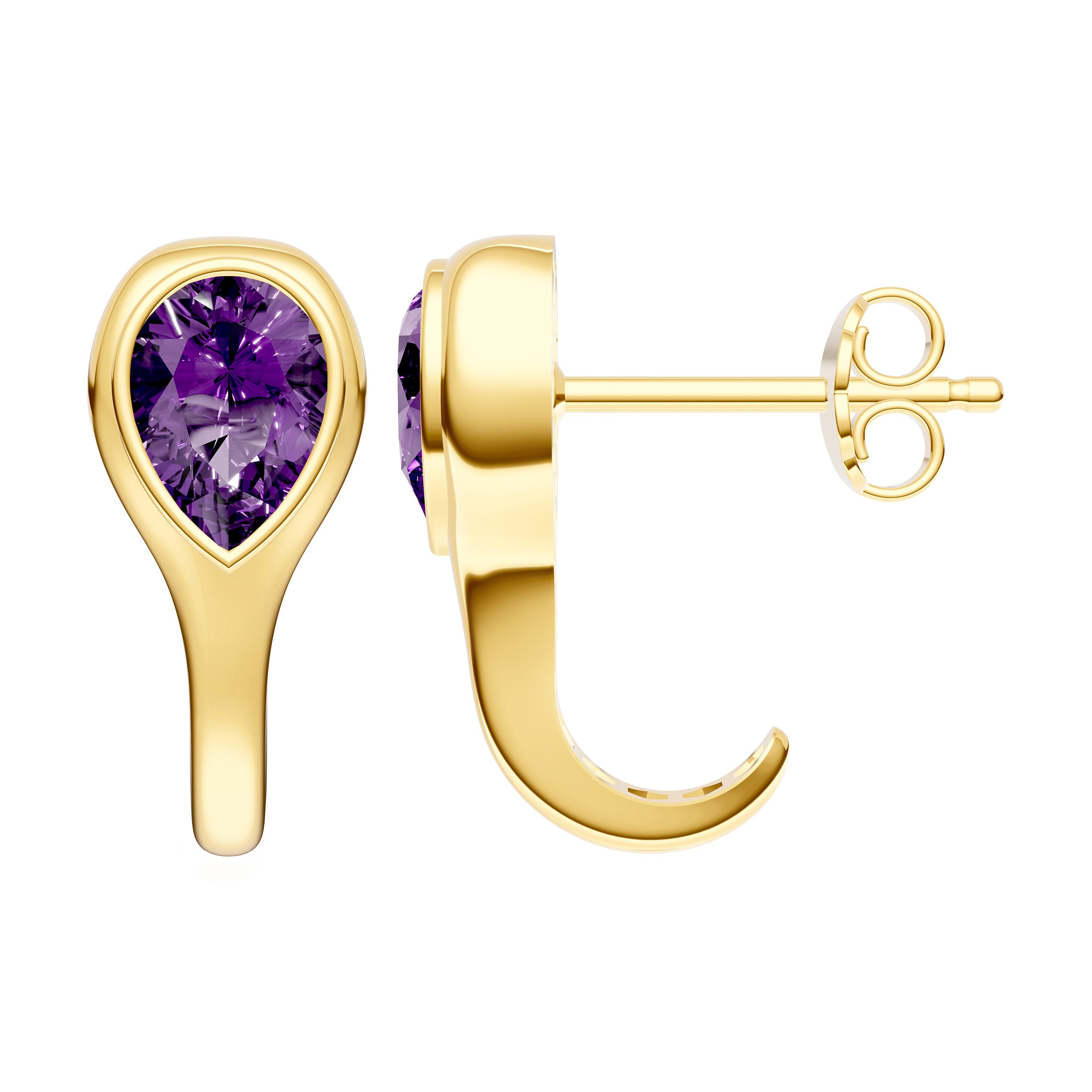 14K Yellow Gold Pear Purple Amethyst Bezel Stud Earrings
