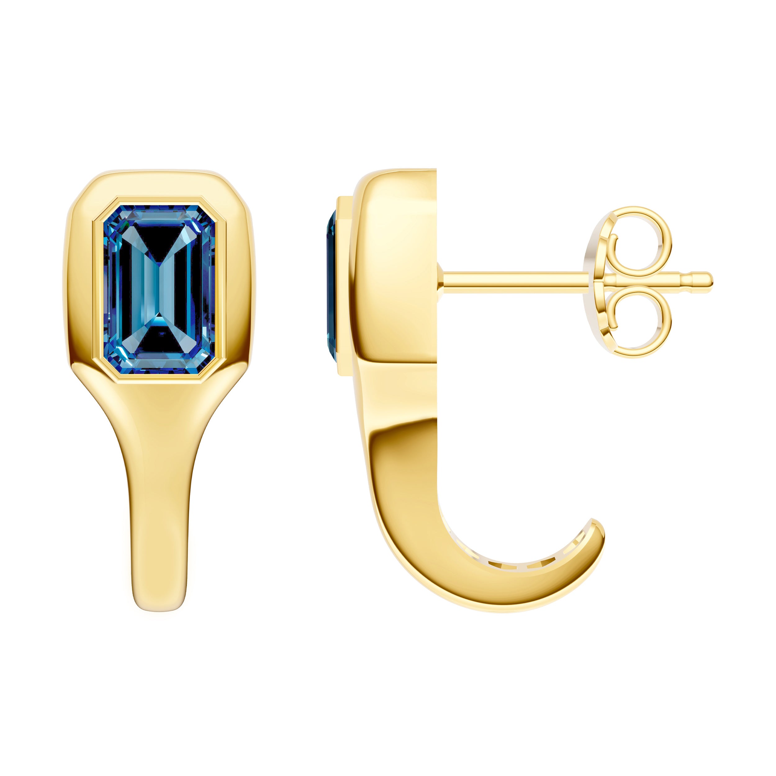 14K Yellow Gold Emerald London Blue Bezel Stud Earrings