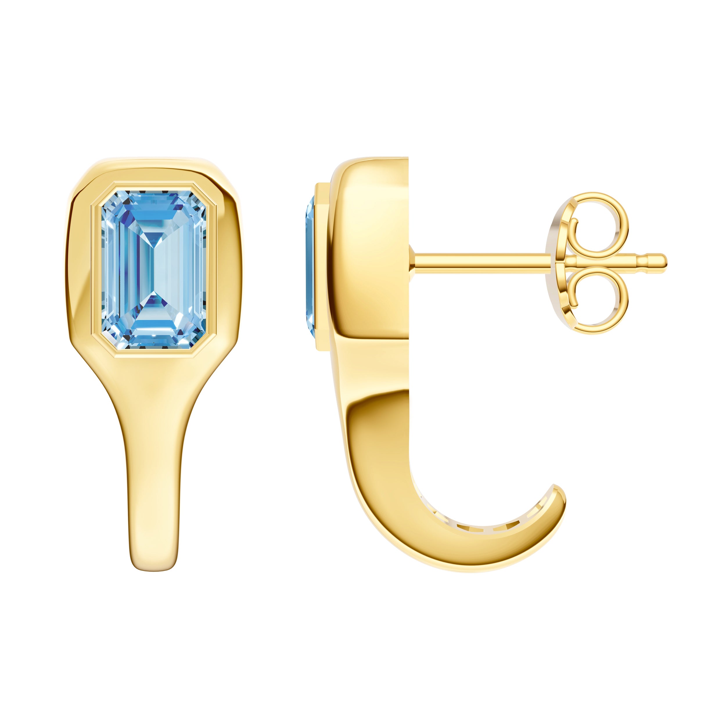 14K Yellow Gold Emerald Sky Blue Bezel Stud Earrings
