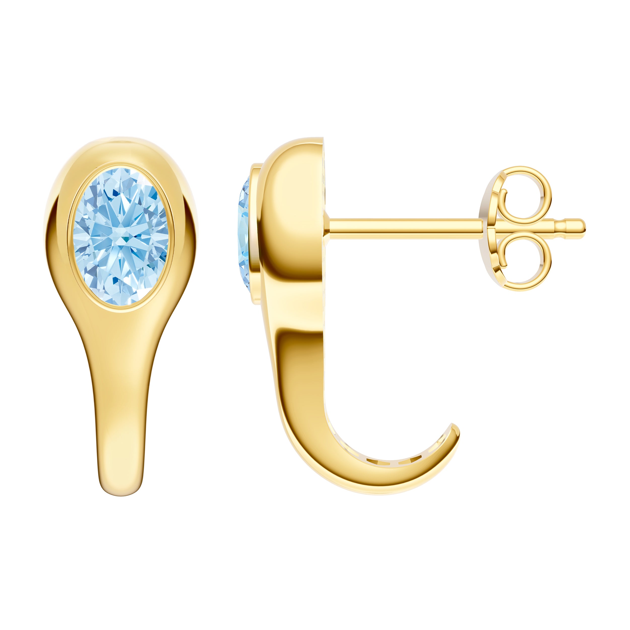 14K Yellow Gold Oval Sky Blue Bezel Stud Earrings