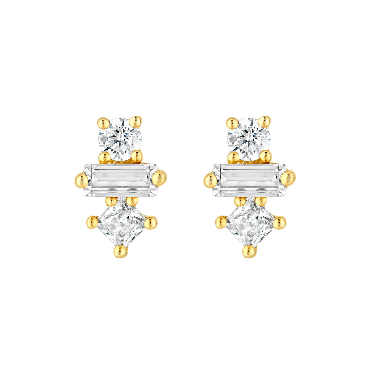 Birmingham Jewelry - 14K Gold Square Baguette Princess & Round Diamond Studs - Birmingham Jewelry