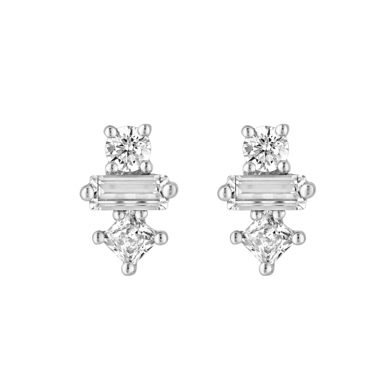 Birmingham Jewelry - 14K Gold Square Baguette Princess & Round Diamond Studs - Birmingham Jewelry