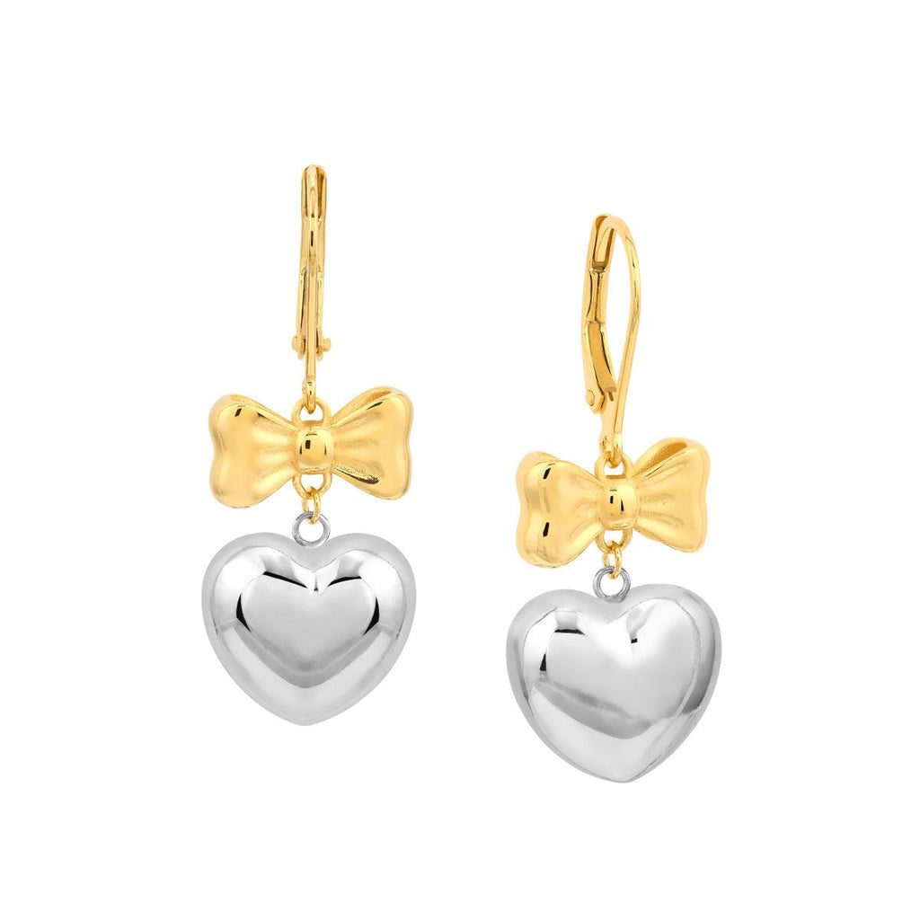 14K Two Tone Gold Heart Bow Dangle Earrings