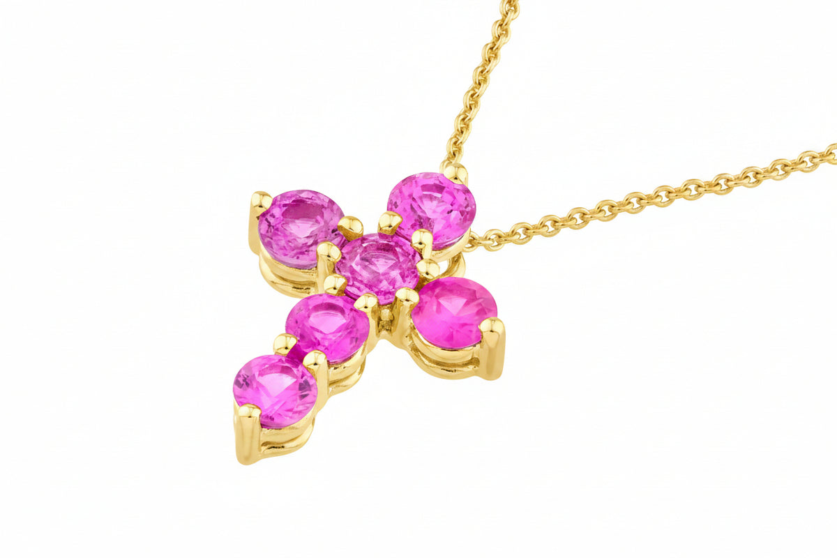 14K White Gold Pink Sapphire Stone Cross Pendant