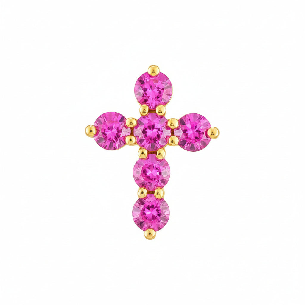 14K White Gold Pink Sapphire Stone Cross Pendant