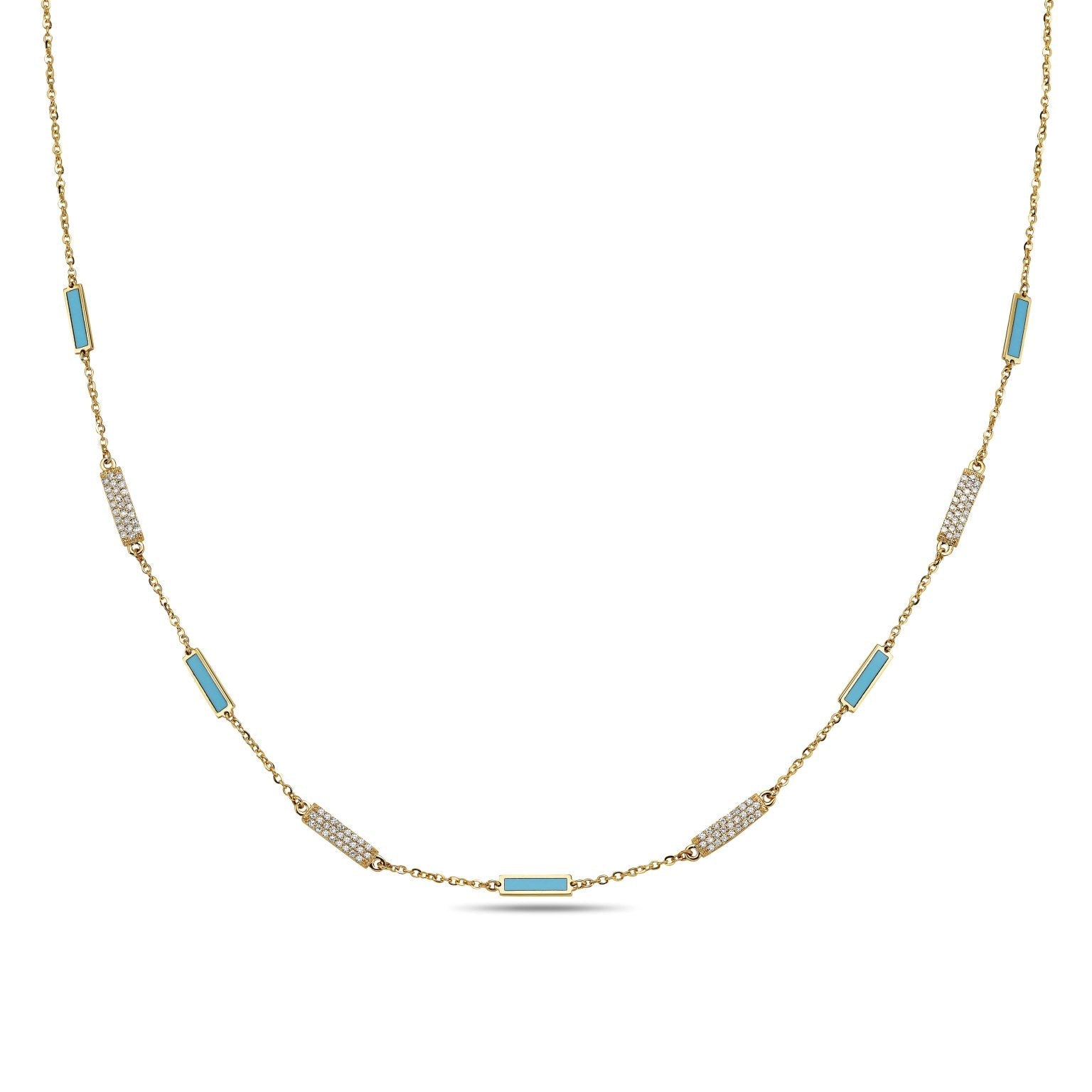 Birmingham Jewelry - 14K Yellow Gold Bar Station Necklace - Diamond (Turquoise) - Birmingham Jewelry