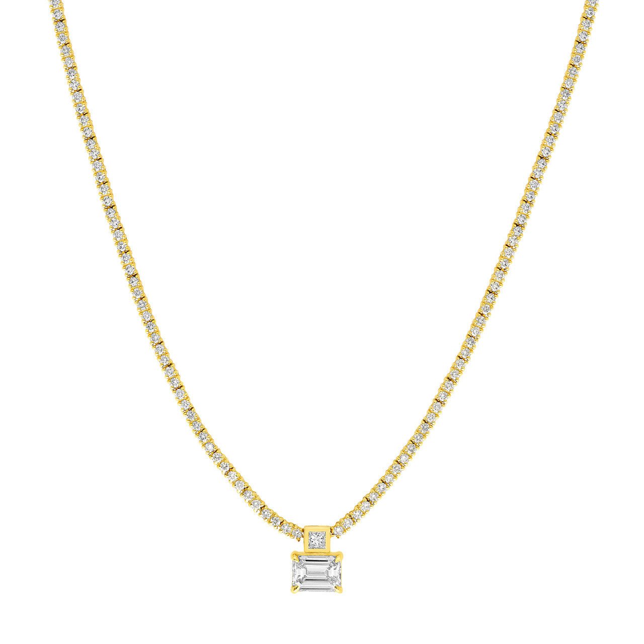 Birmingham Jewelry - 14K Yellow Gold Diamond Tennis Necklace with Emerald Cut Center Stone - Birmingham Jewelry