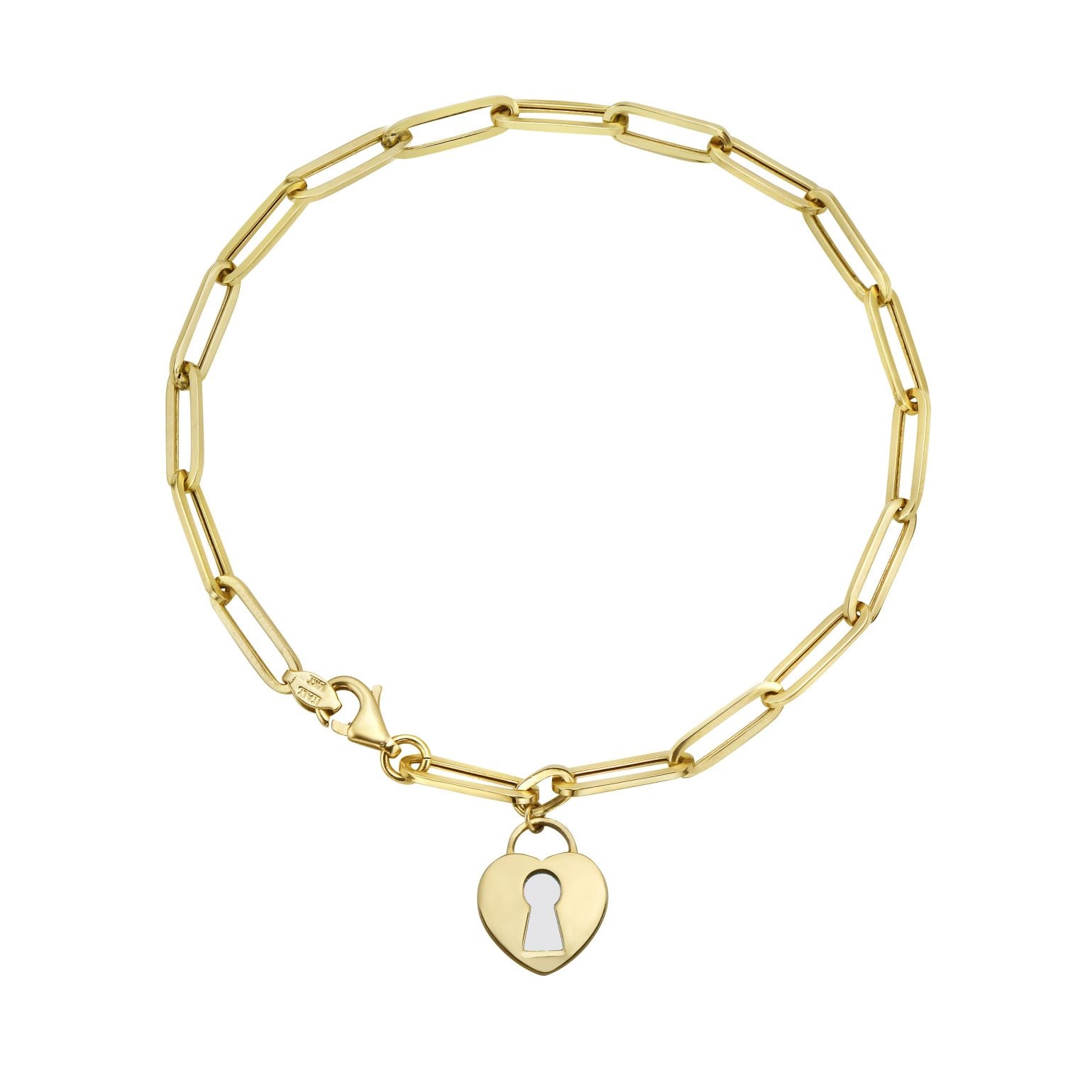 Birmingham Jewelry - 14K Yellow Gold Heart And Key Charm Paperclip Bracelet (Mother Of Pearl) - Birmingham Jewelry