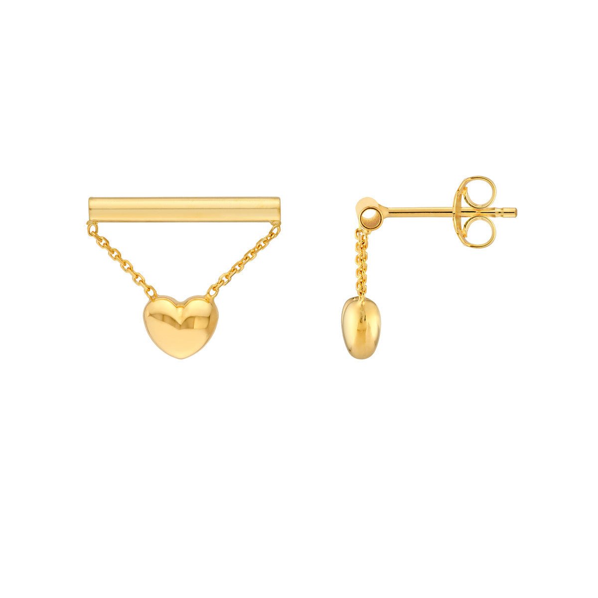 Birmingham Jewelry - 14K Yellow Gold Horizontal Bar Earrings with Dangle Heart Chain - Birmingham Jewelry