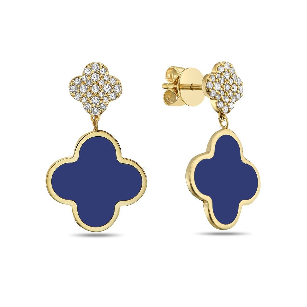 Birmingham Jewelry - 14K Yellow Gold Large Clover Dangle Earrings - Diamonds (Lapis) - Birmingham Jewelry