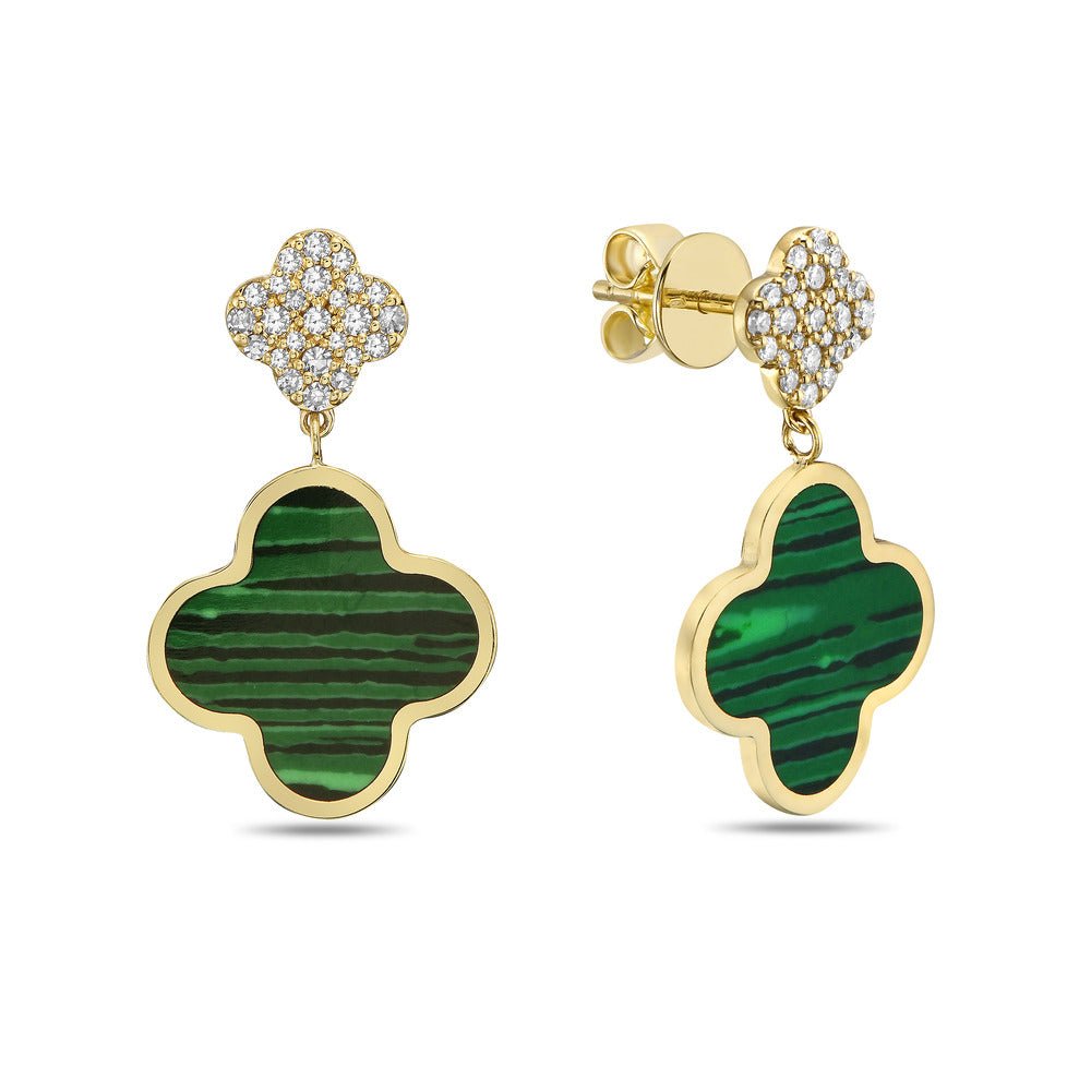 Birmingham Jewelry - 14K Yellow Gold Large Clover Dangle Earrings - Diamonds (Malachite) - Birmingham Jewelry