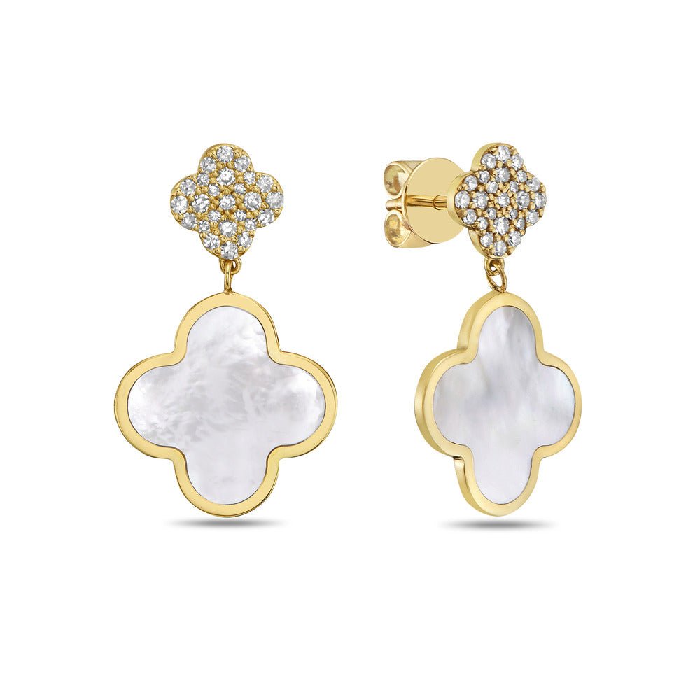 Birmingham Jewelry - 14K Yellow Gold Large Clover Dangle Earrings - Diamonds (MOP) - Birmingham Jewelry