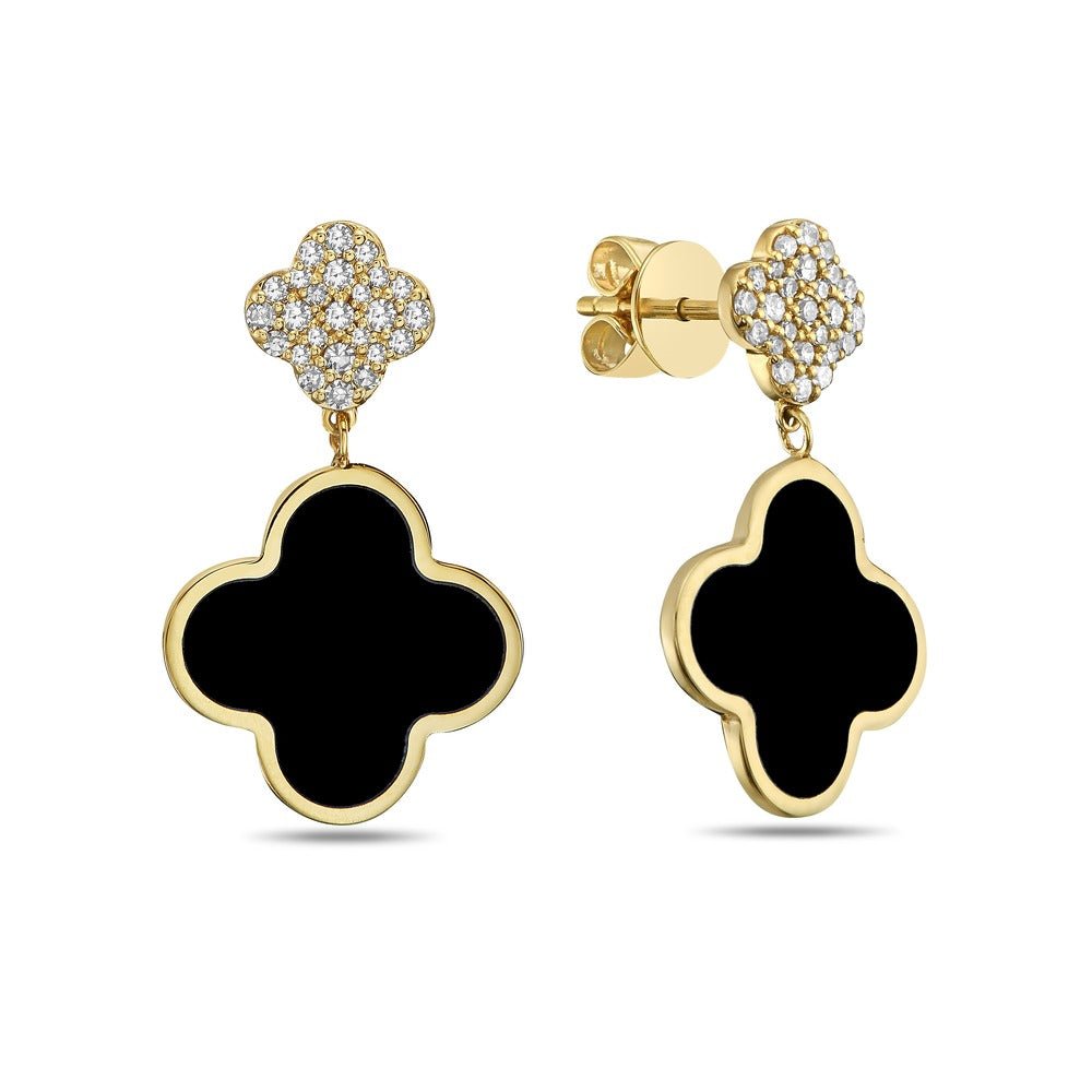 Birmingham Jewelry - 14K Yellow Gold Large Clover Dangle Earrings - Diamonds (Onyx) - Birmingham Jewelry