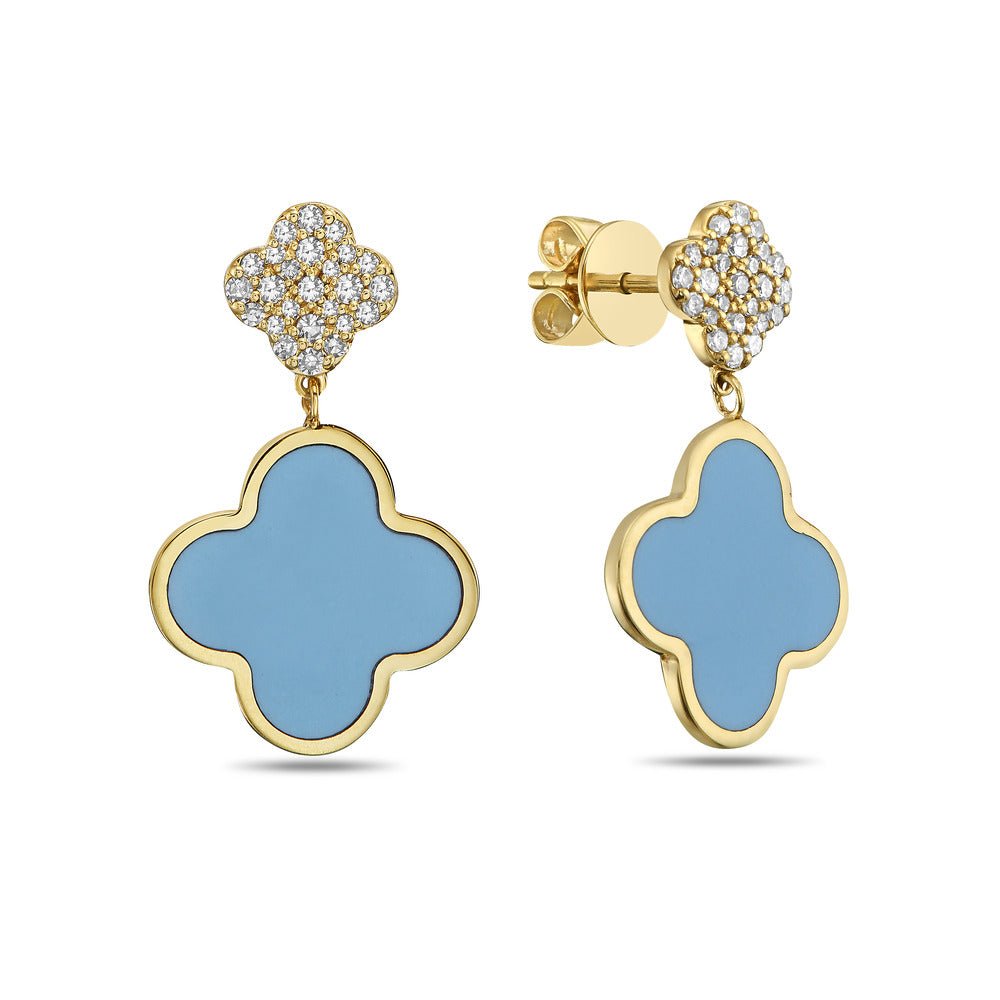 Birmingham Jewelry - 14K Yellow Gold Large Clover Dangle Earrings - Diamonds (Turquoise) - Birmingham Jewelry