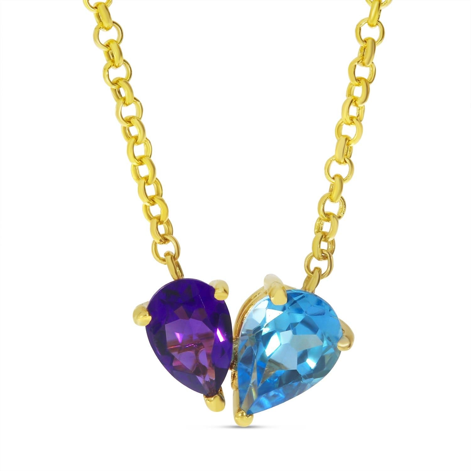 Birmingham Jewelry - 14K Yellow Gold Pear Amethyst and Blue Topaz Duo Heart Necklace - Birmingham Jewelry